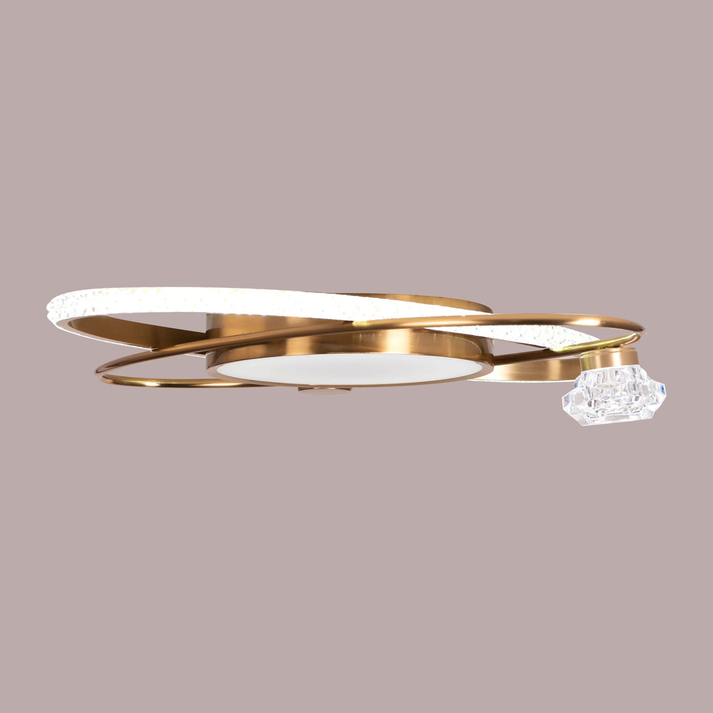 Crystal ceiling light with gold finish and remote-controlled LED.