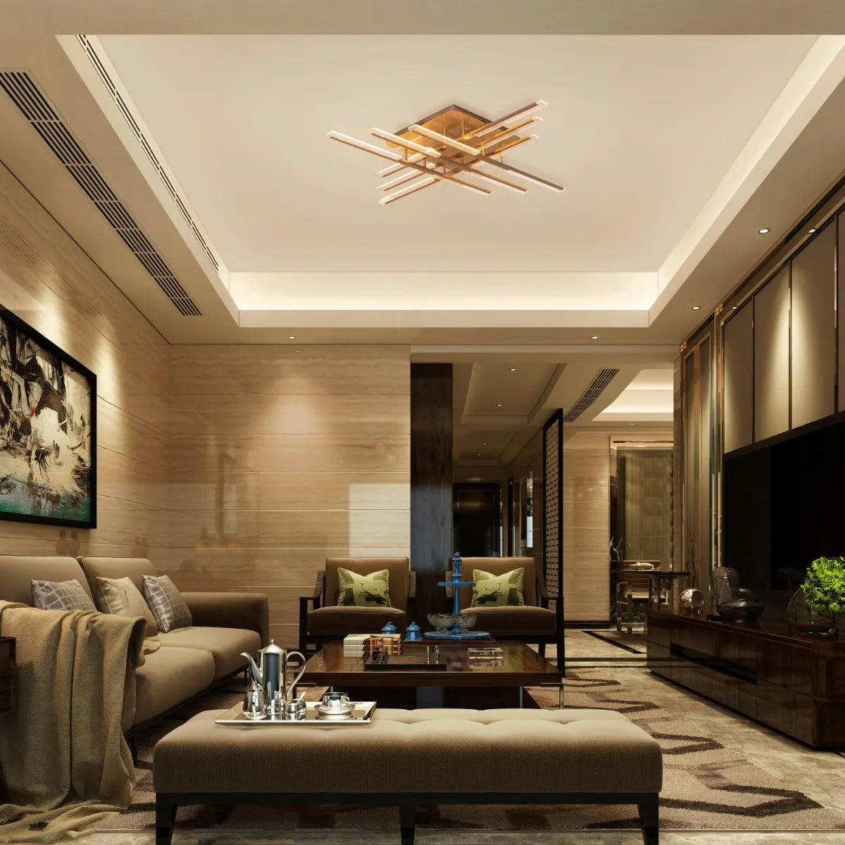 Evening Glow Large Gold Ceiling Light with 3 colour dimmable LED, casting a warm glow in a luxurious living room