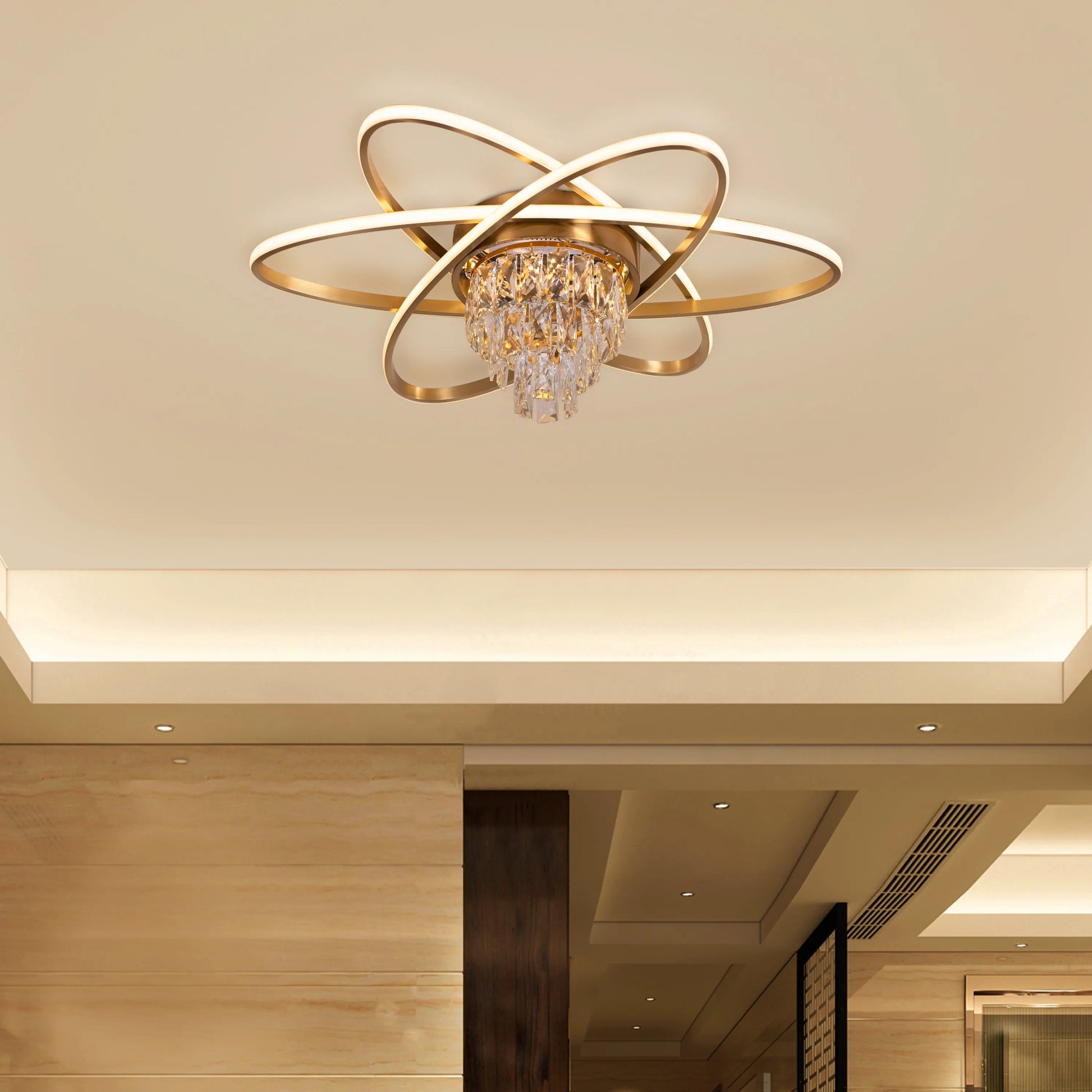 Make It Rain Gold Crystal Ceiling Light with cascading crystals and 3 colour dimmable LED, creating a sparkling spectacle in an opulent living room