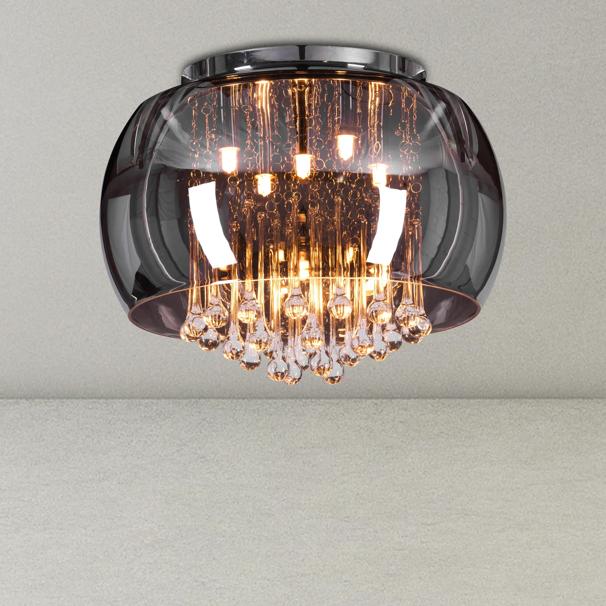 Enamoured crystal ceiling chandelier in smokey grey.