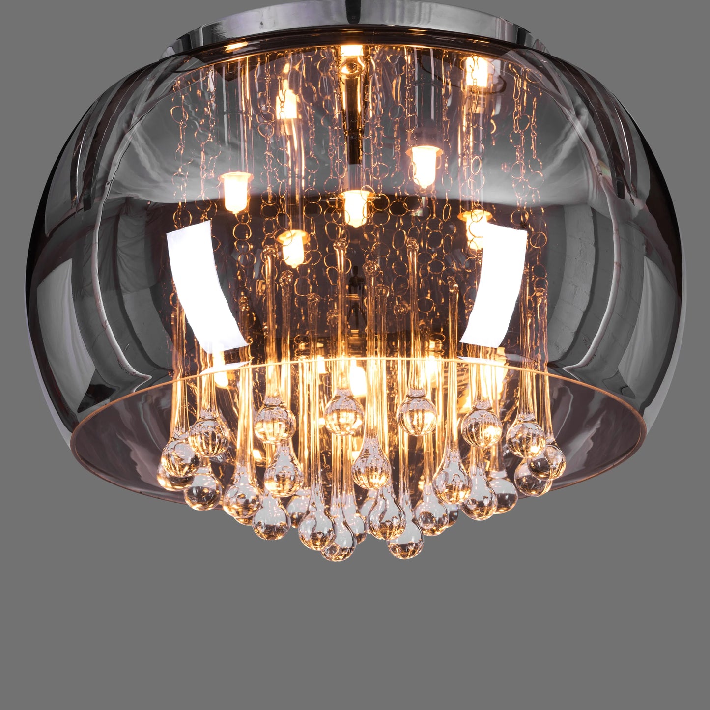 Elegant smokey grey chandelier with mirror-finished crystals.