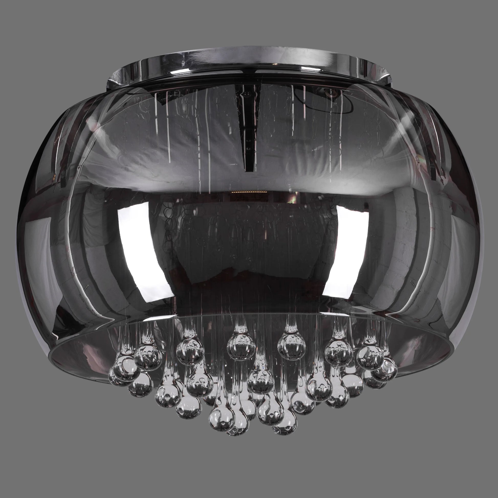 Mirror finish chandelier with smokey grey crystals.