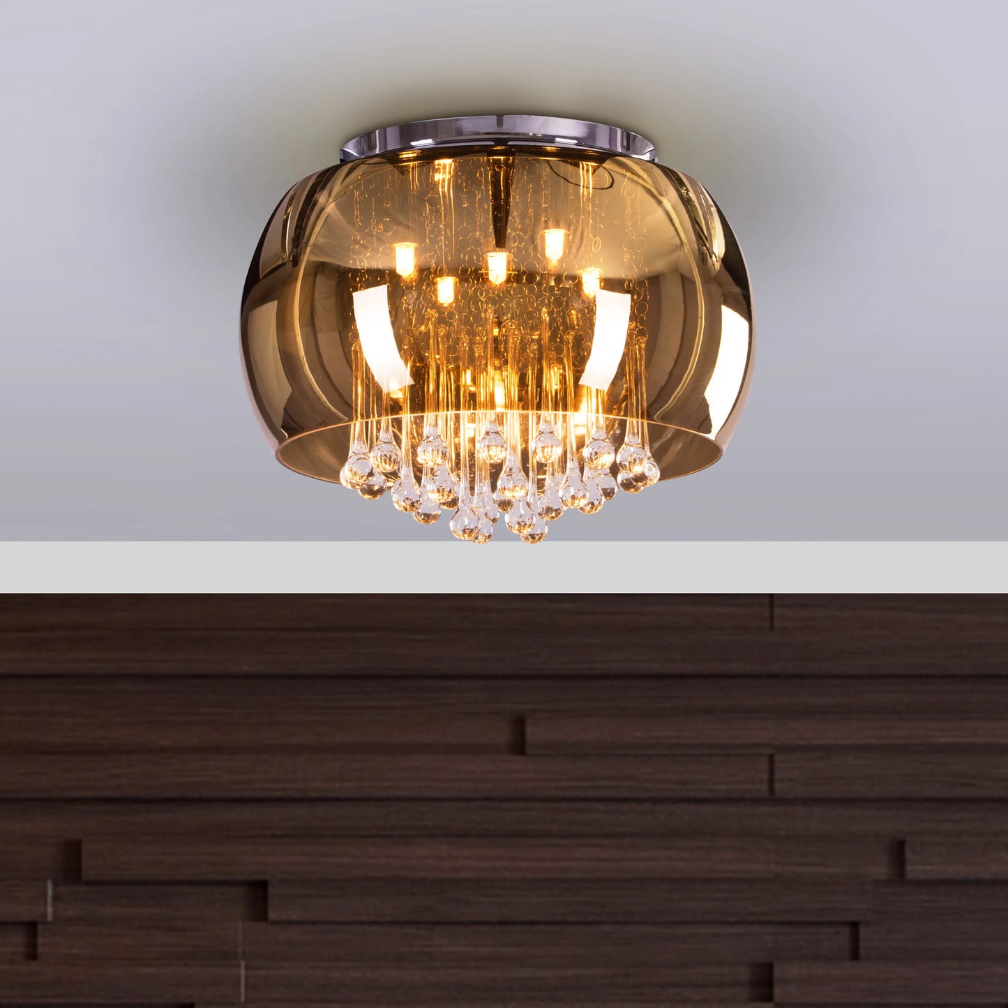 Enchanted 40 cm Gold Mirror Finish Crystal Chandelier illuminating an elegant room with a magical, warm glow