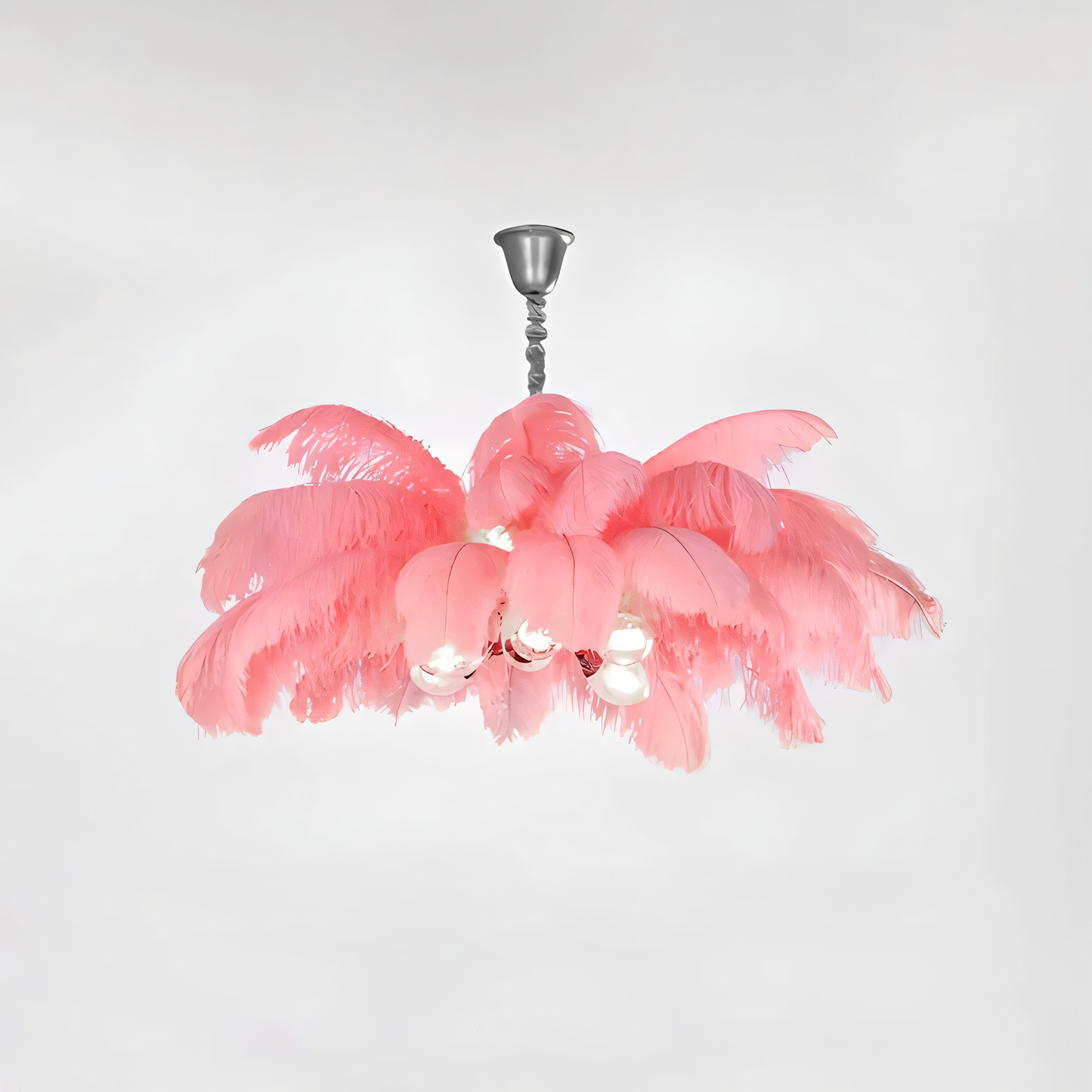 The Ostrich Plume Chandelier adds a touch of rustic elegance to a minimalist living room.