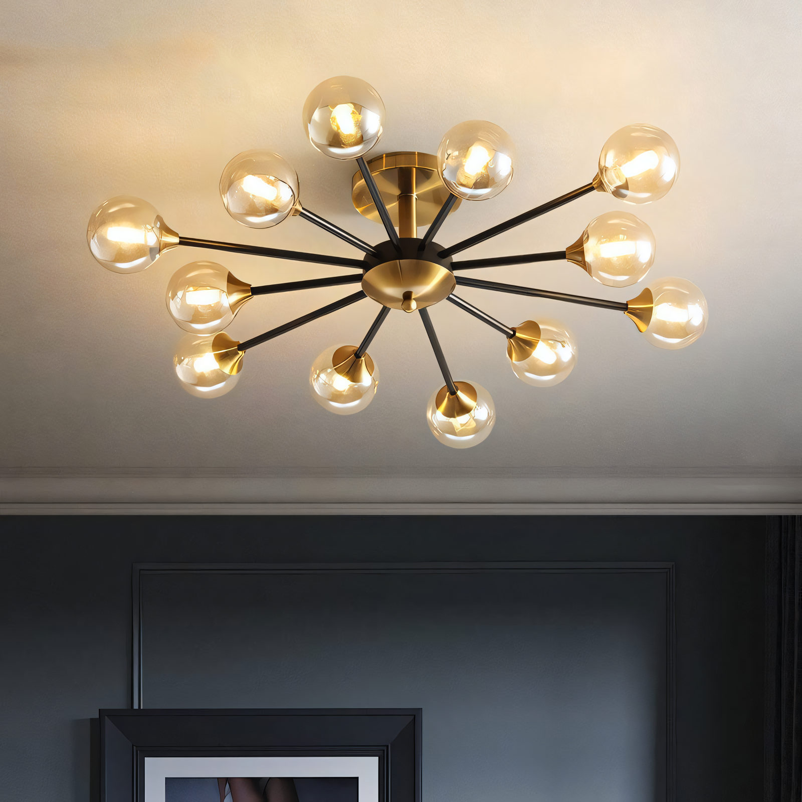 Adjustable height gold and black chandelier