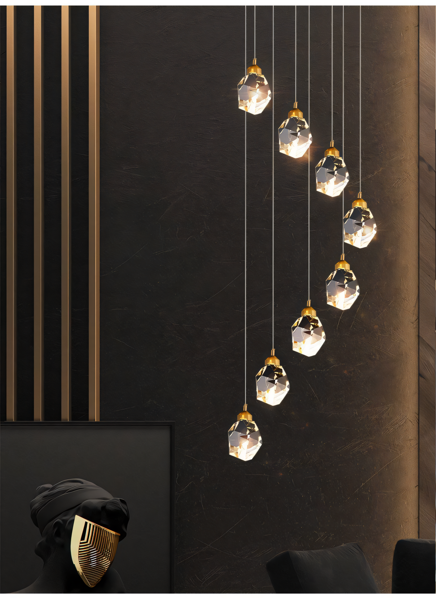 Warm LED chandelier for double-height staircase grandeur