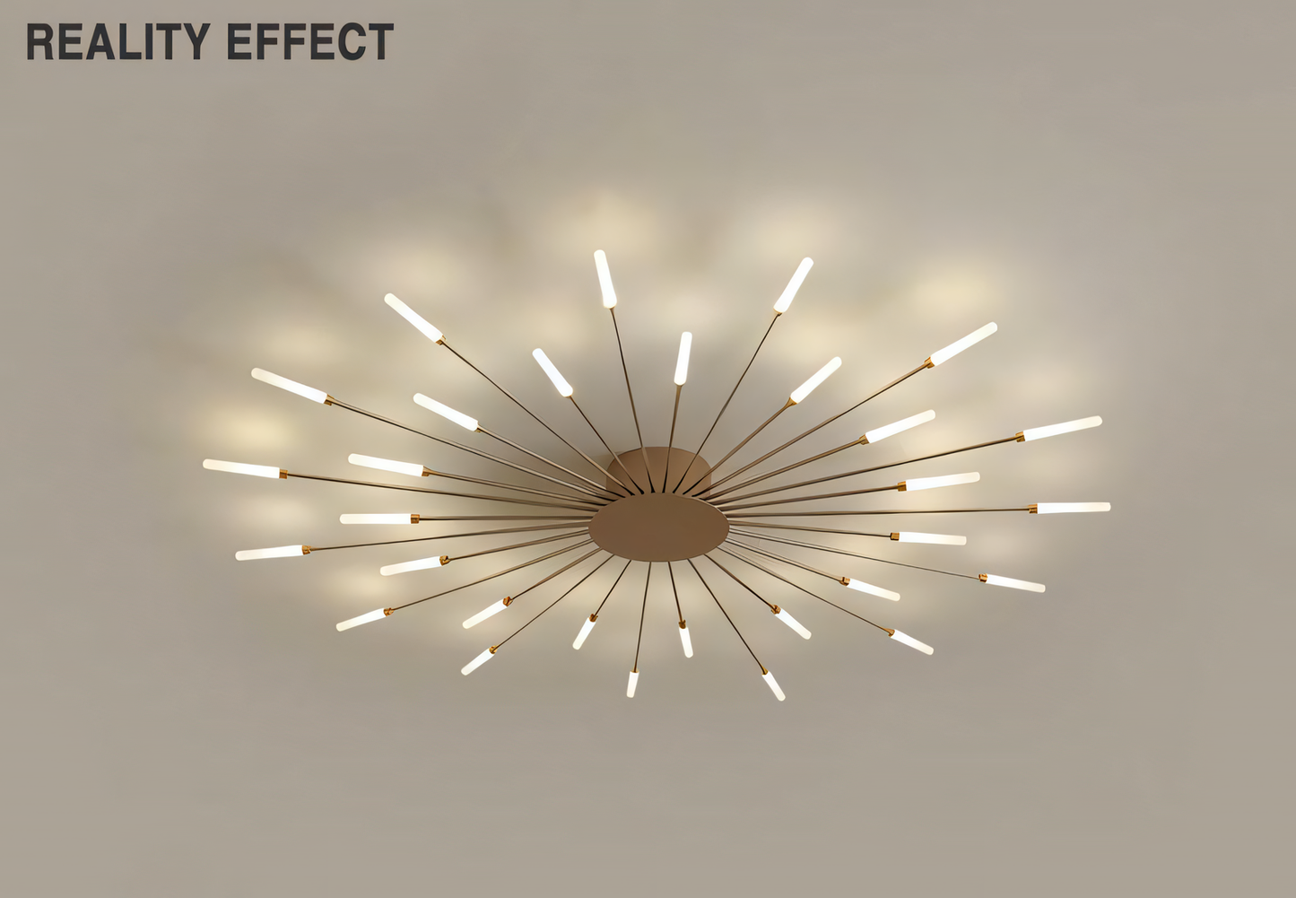 This 20-light LED chandelier with a gold body and acrylic rods creates a captivating display of light, ideal for modern spaces.