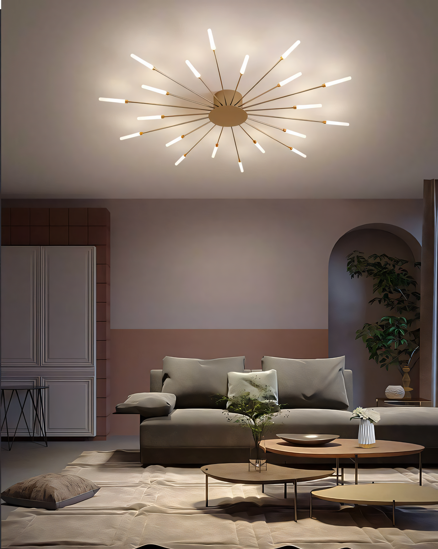 Modern LED chandelier featuring cascading tiers of acrylic rods and gold accents, perfect for a luxurious living room or dining room.