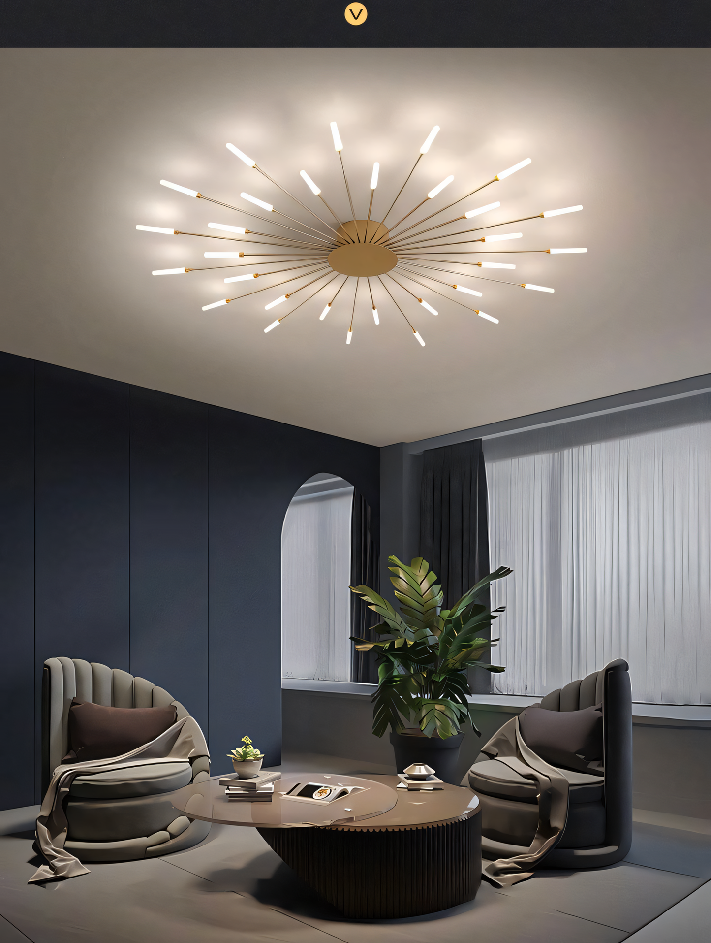 Warm LED light illuminates slender acrylic rods with gold accents in this modern chandelier, perfect for a touch of modern elegance.