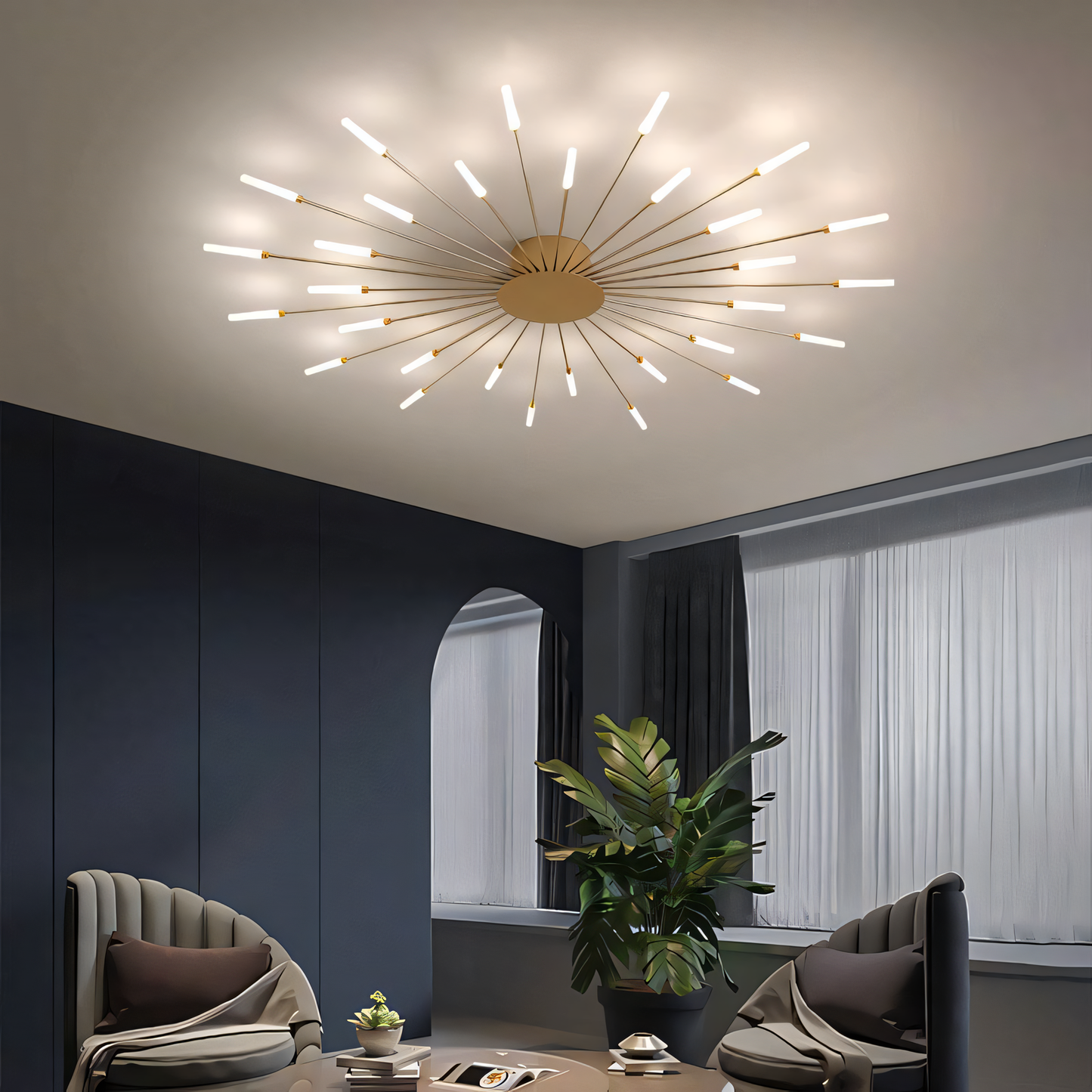 Create a dazzling focal point in your space with the 20-Light Gold Body Acrylic LED Chandelier, featuring a modern design with cascading acrylic rods.