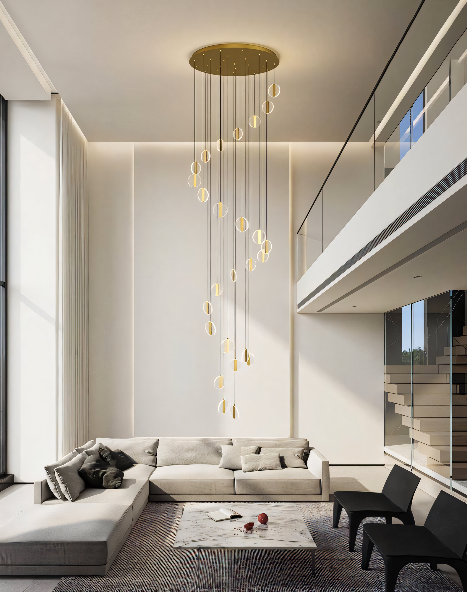 Modern LED chandelier featuring a gold ring adorned with crystals, perfect for a touch of minimalist elegance in dining rooms or living rooms.