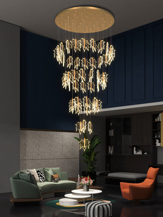 Opulent acrylic gold leaf double height chandelier