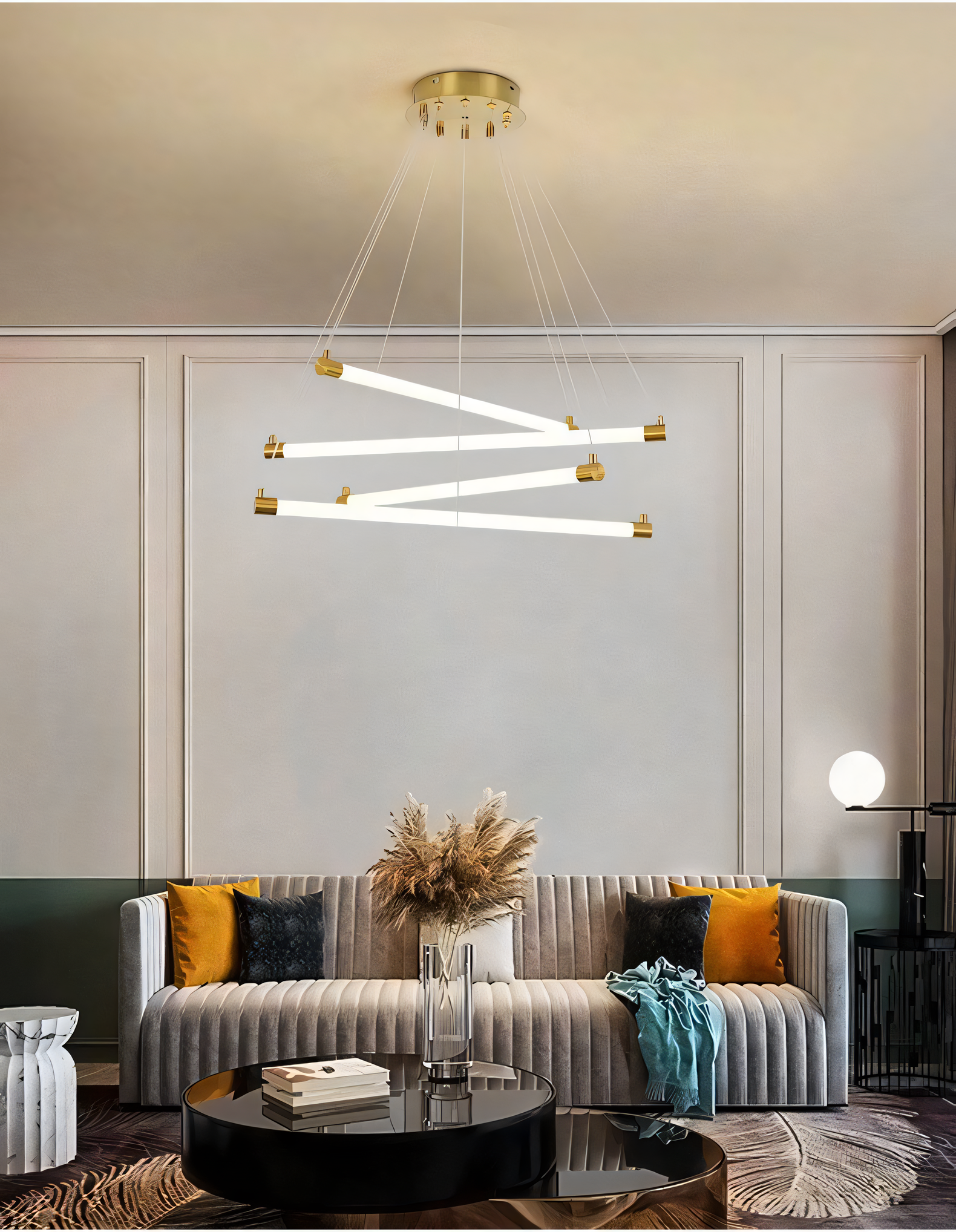 Modern LED chandelier with 4 sleek gold tubes creates a captivating display of light and shadow, perfect for living rooms, dining rooms, and offices.