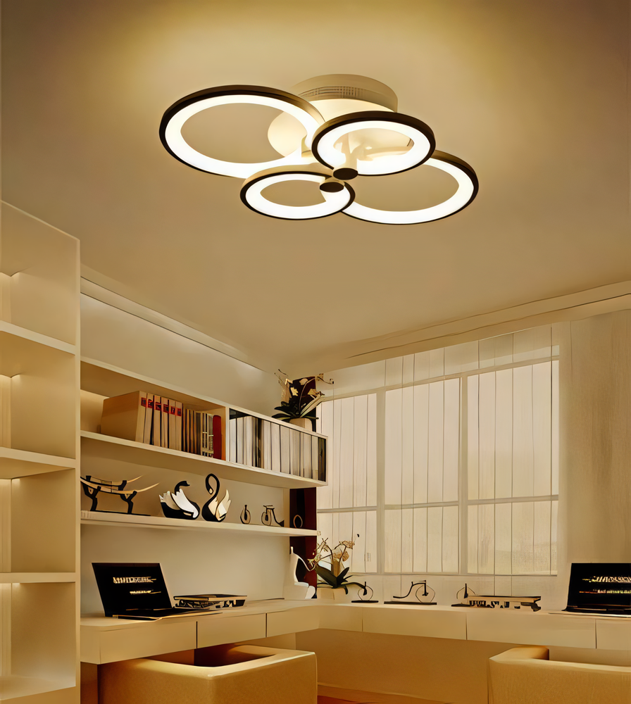 Modern LED chandelier with a sleek white round body and 4 lights, perfect for a touch of contemporary elegance.