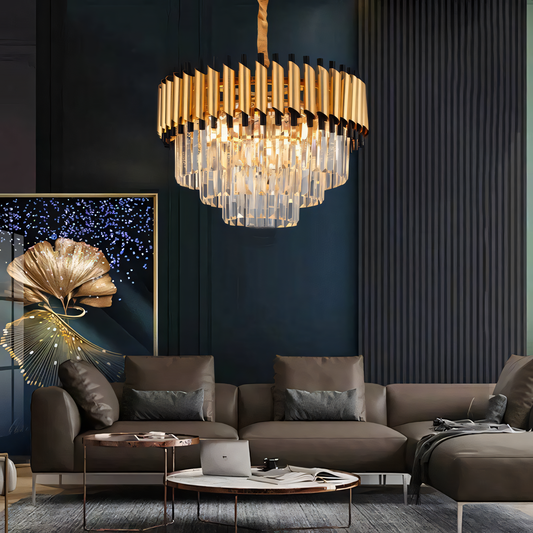 Exquisite gold and black K9 crystal chandelier in a luxurious apartment