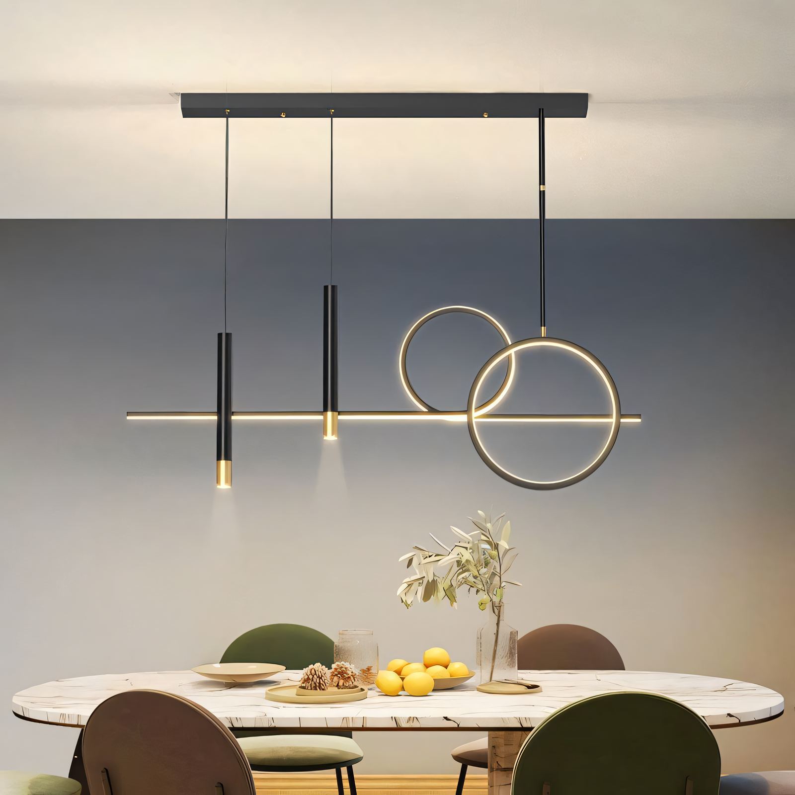 Modern alternative to traditional round chandeliers, this black and gold LED chandelier offers focused illumination.