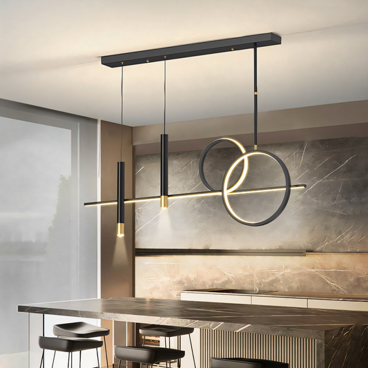 Modern black and gold LED chandelier with a linear design creates a striking and balanced focal point.