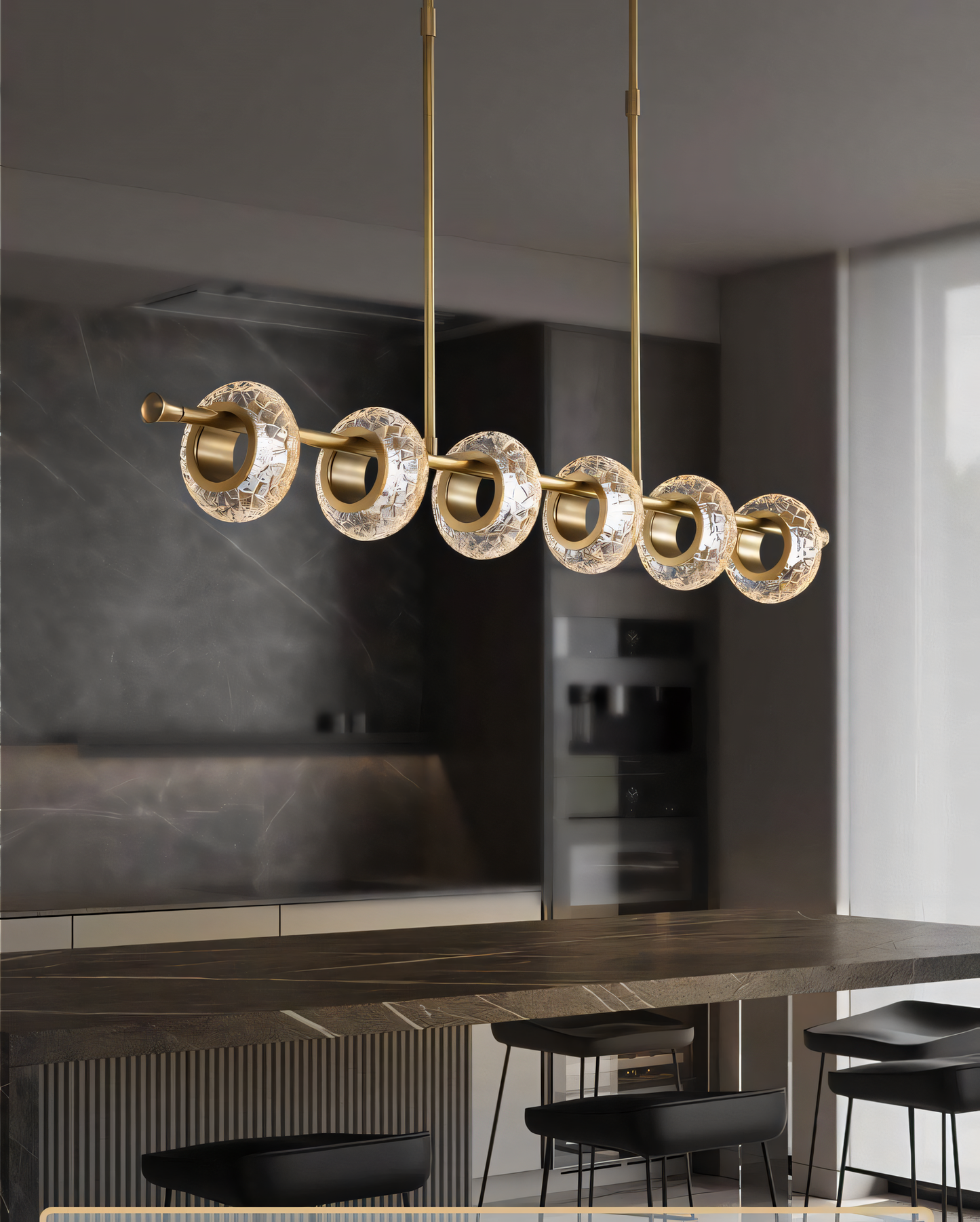 Modern gold chandelier with cascading crystals creates a luxurious and glamorous ambiance.