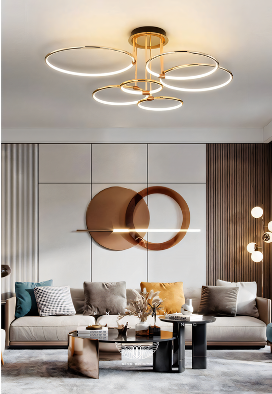 Modern Elegance in Gold: 6-Light Gold Ring LED Chandelier features a sleek gold metal body for a warm and inviting glow in living rooms, dining rooms, and more.