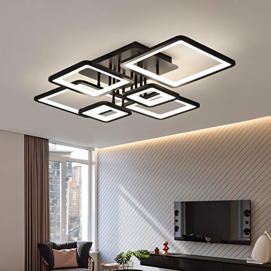 Modern Marvel: 6-Light Black Rectangular LED Chandelier features a sleek black metal body and adjustable light rods for a captivating display of light in living rooms, dining rooms, and more.