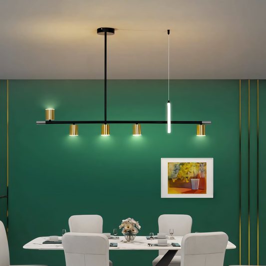 Modern Marvel! 6-Light Black and Gold Linear LED Chandelier features a sleek black frame and adjustable gold spotlights for a captivating display of light.