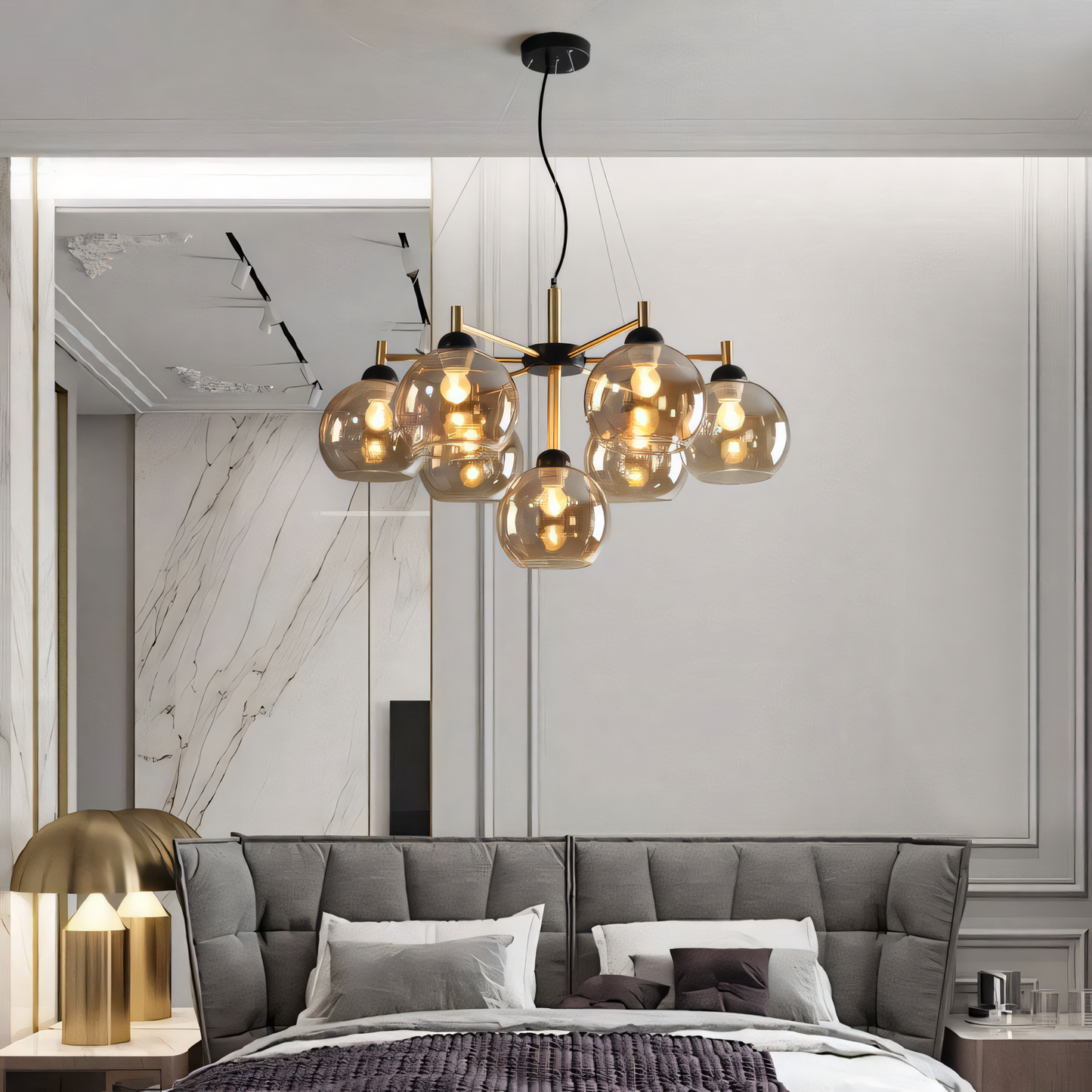 Modern Italian chandelier with a unique blend of gold and black finishes, accented by 7 beautiful amber glass globes.