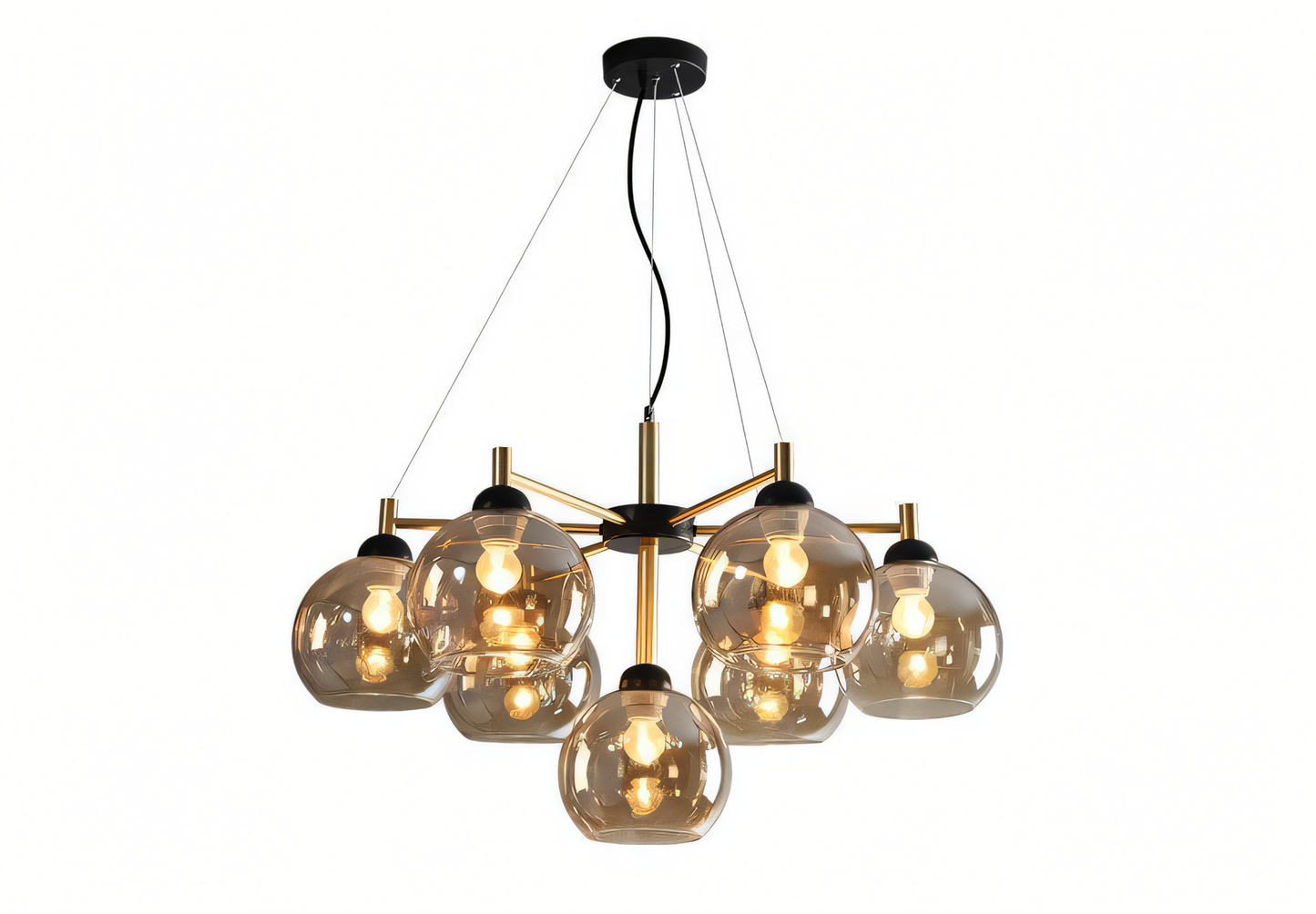 Elegant 7-light LED chandelier featuring a gold metal frame, black accents, and warm amber glass for a luxurious glow.