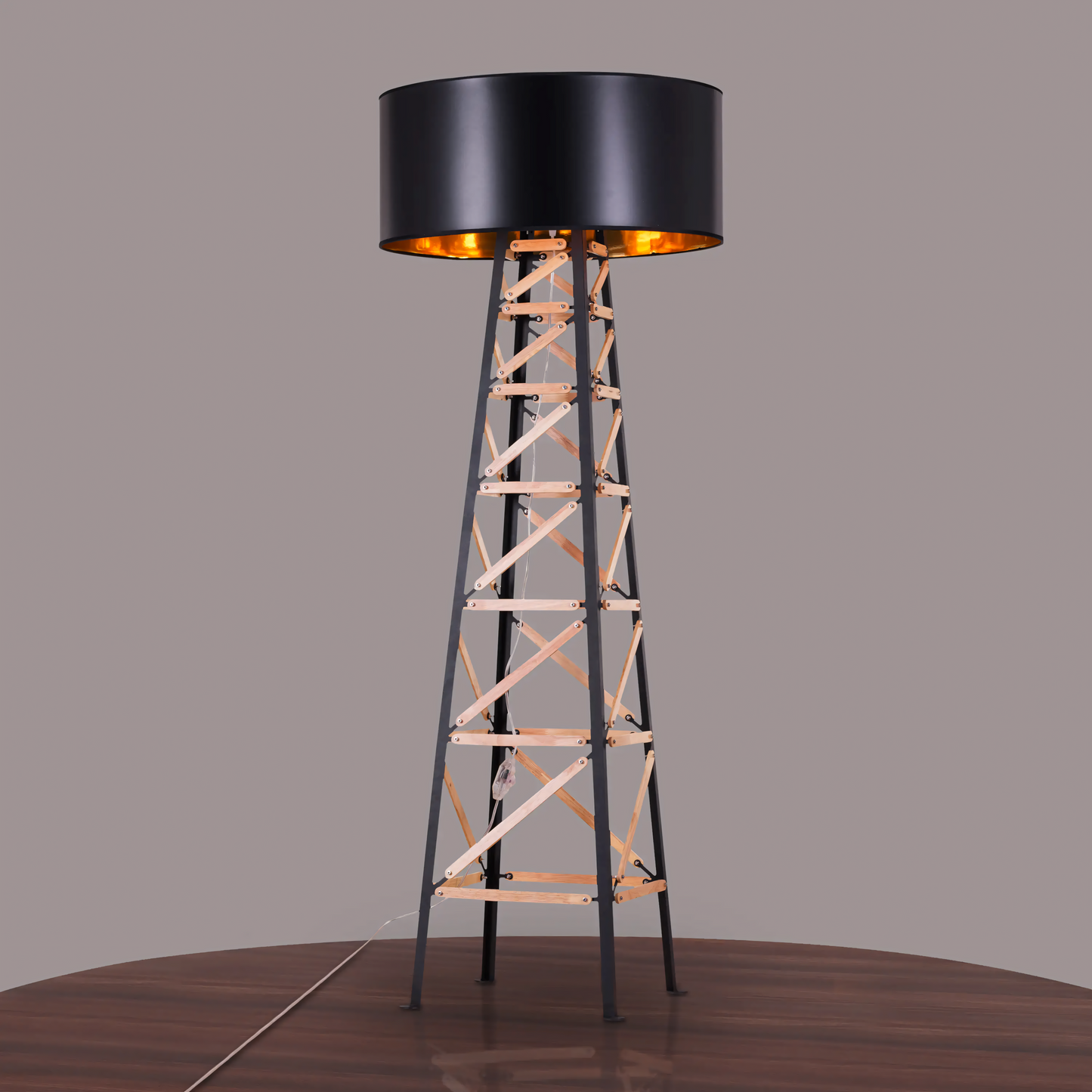 Modern floor lamp with a black shade and natural wood details