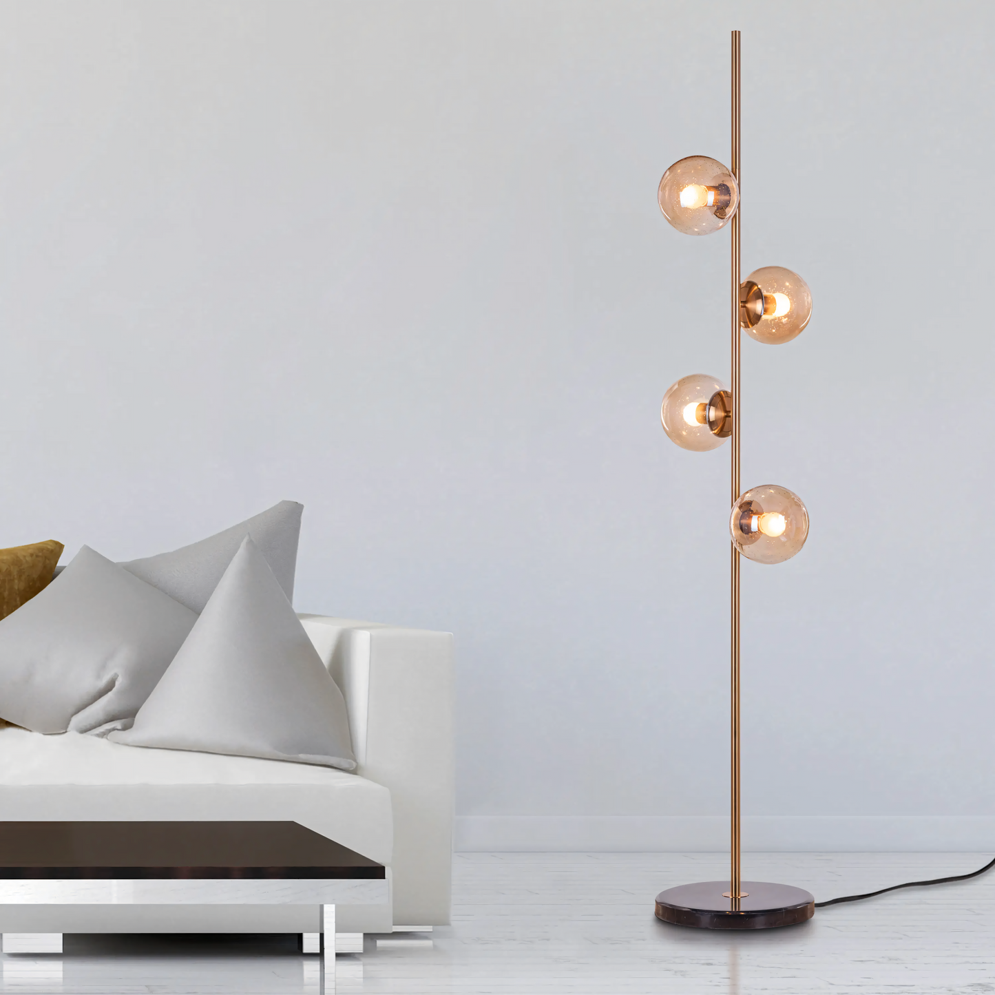 Matte Gold-Finished Metal Frame with Amber Glass Shades Floor Lamp