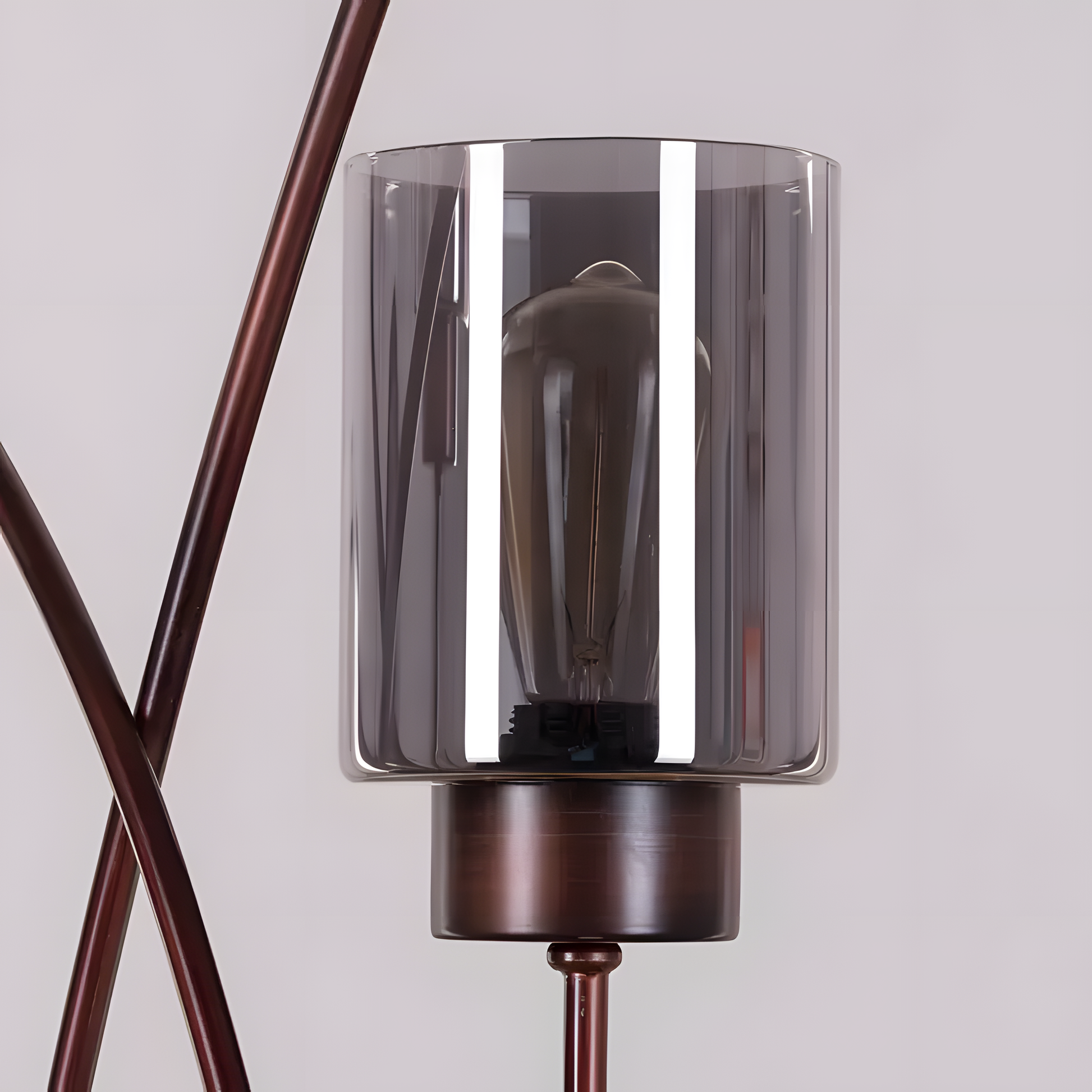 Modern floor lamp casting warm grey glow on walls