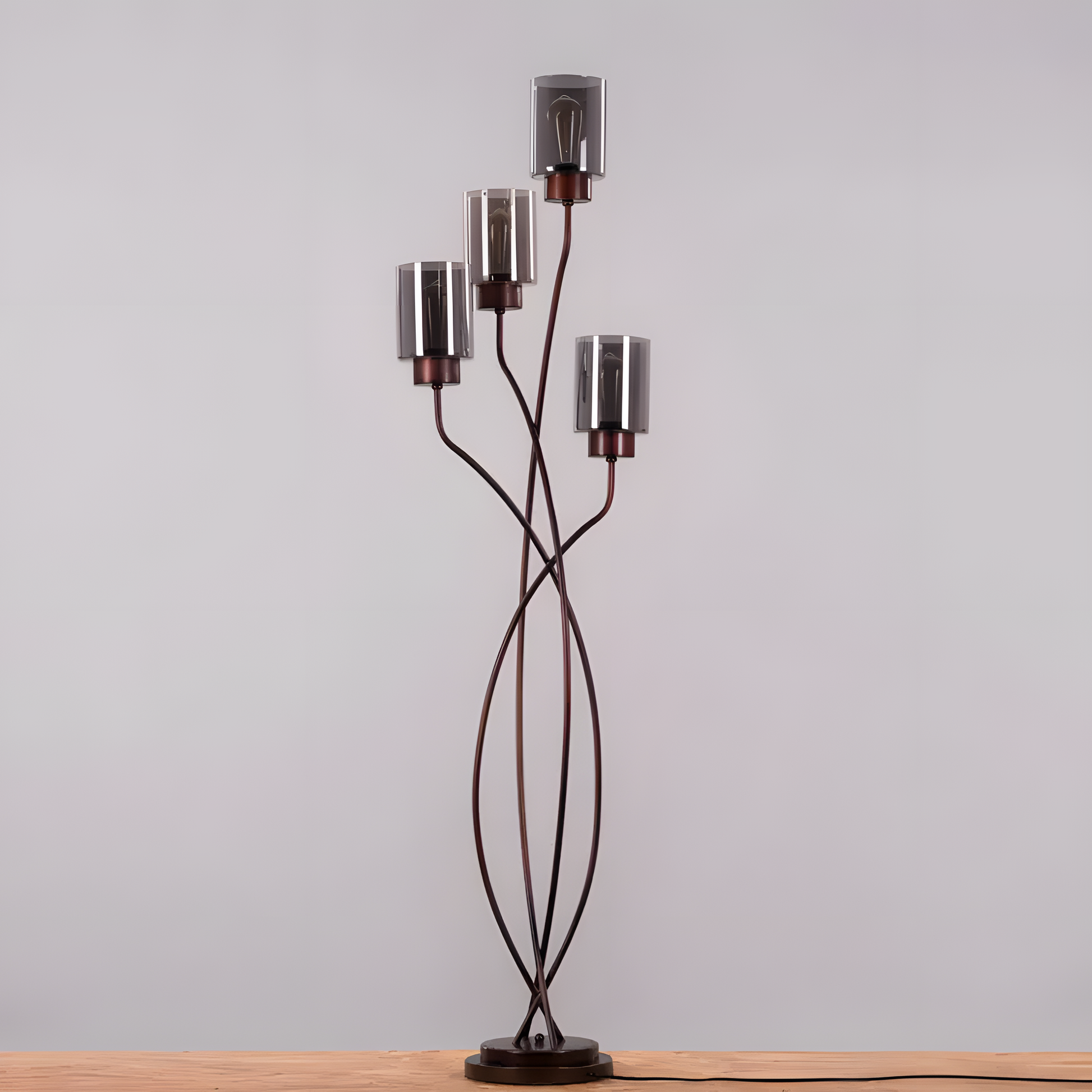 Multifunctional floor lamp with smokey grey glass shades