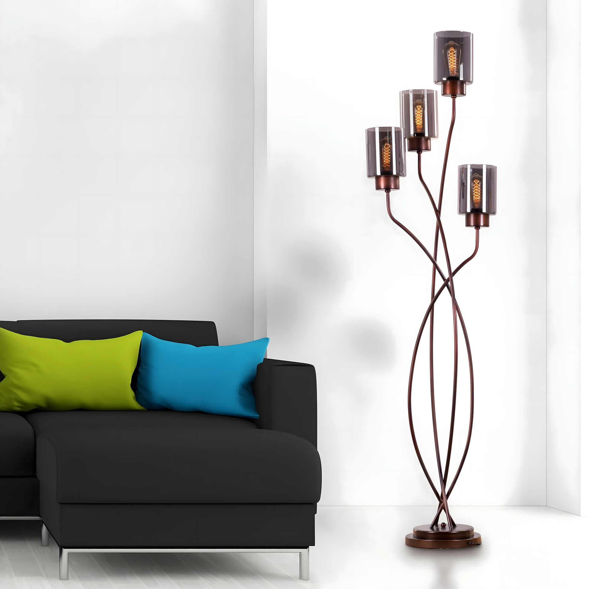 Coffee finish floor lamp with smokey grey glass shades