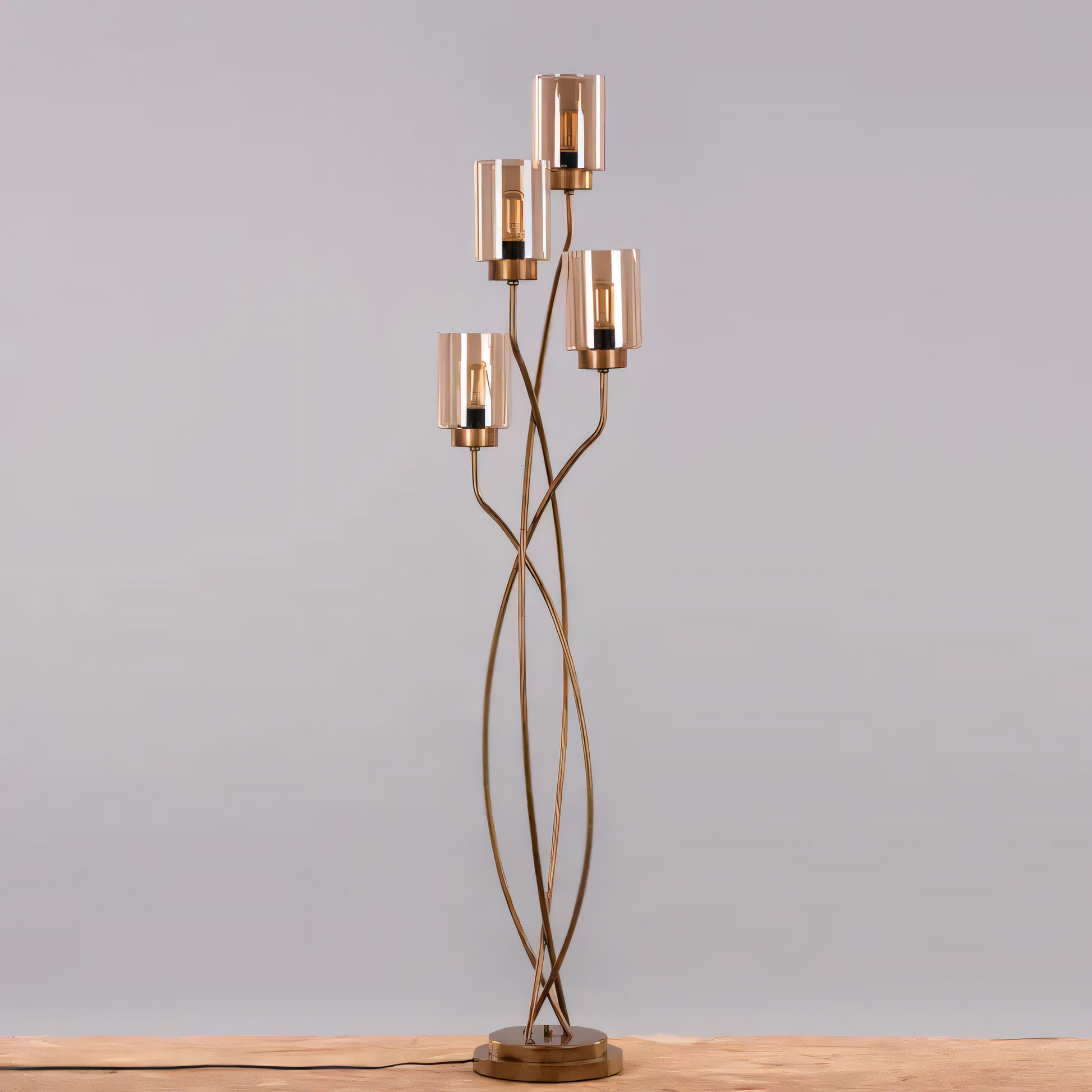  Gold foil finish floor lamp with amber glass shades