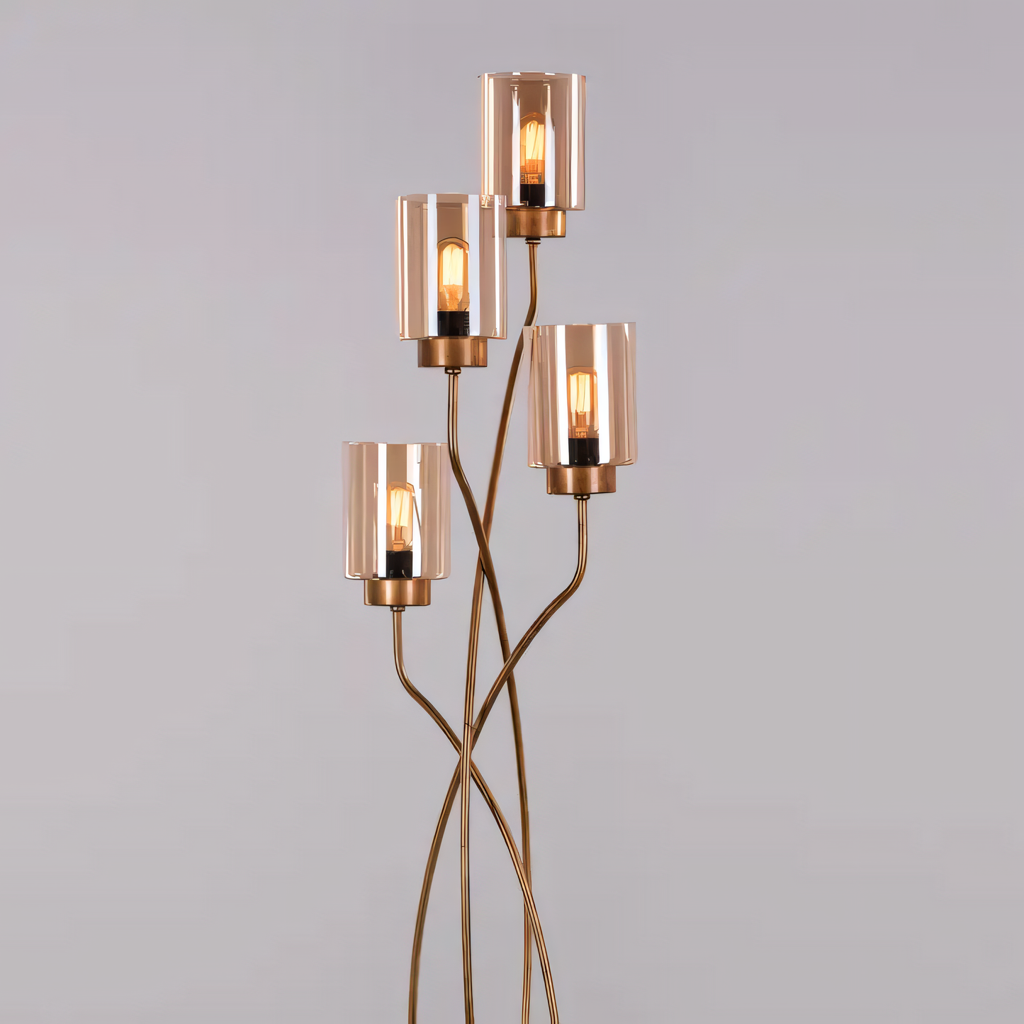 Designer floor lamp with twisted cluster of glass jars