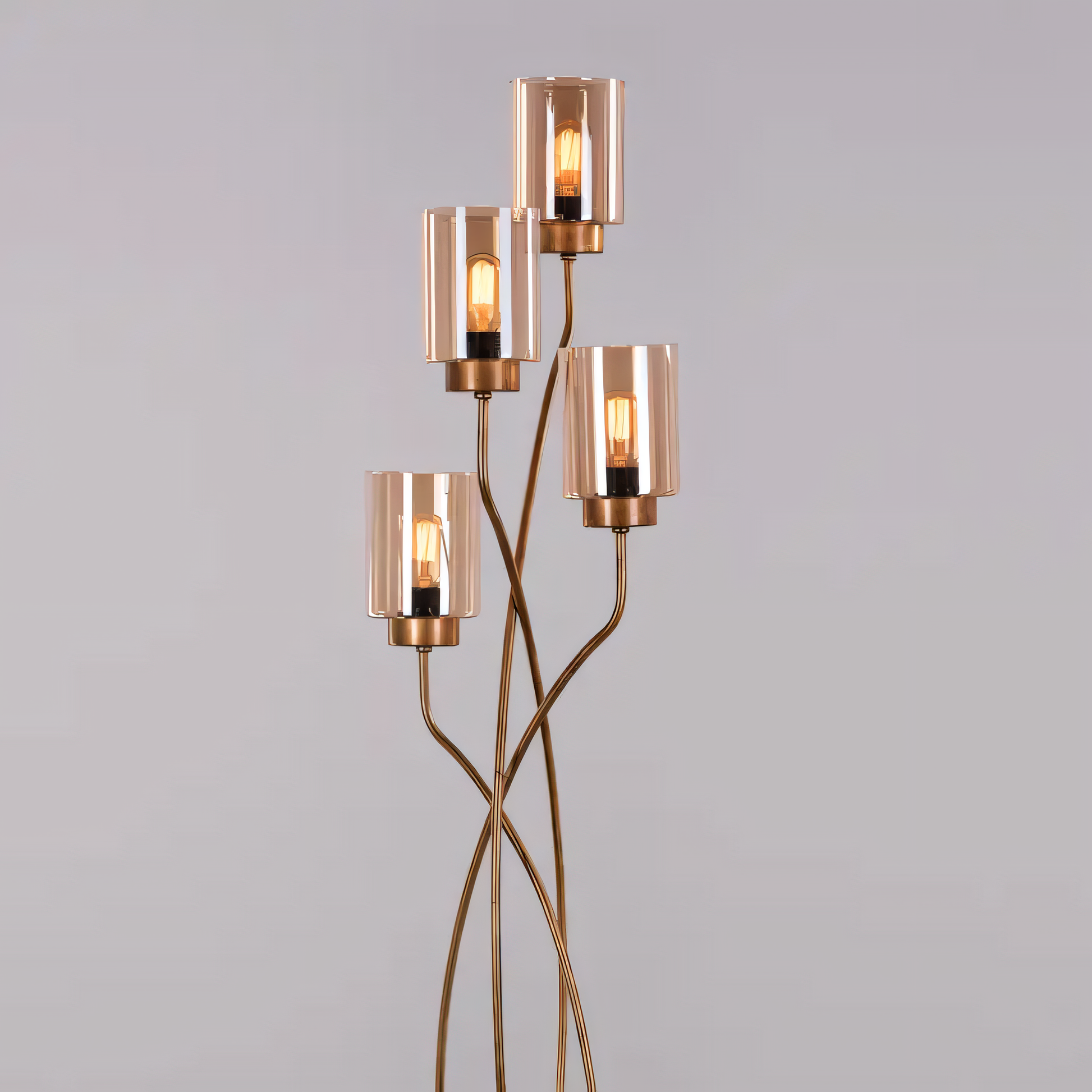 Designer floor lamp with twisted cluster of glass jars