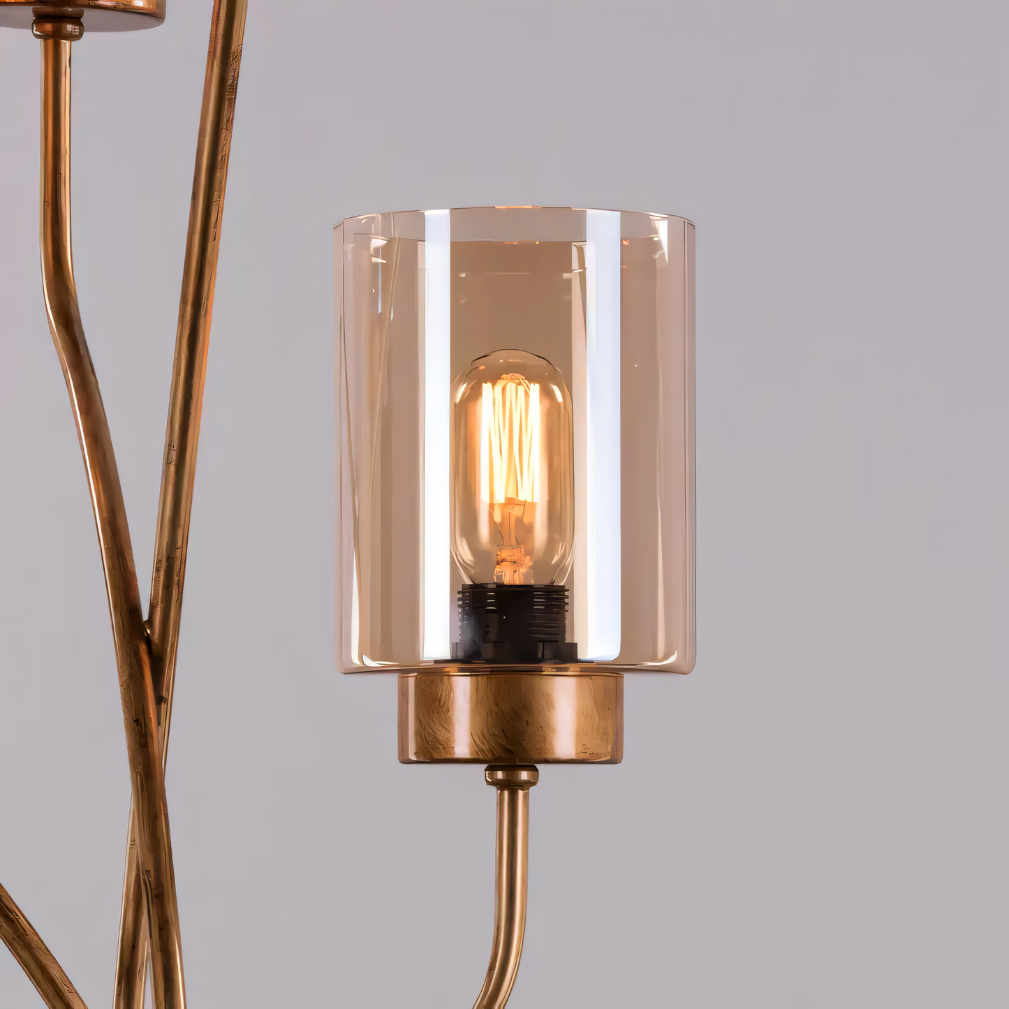 Modern floor lamp casting warm amber glow on walls