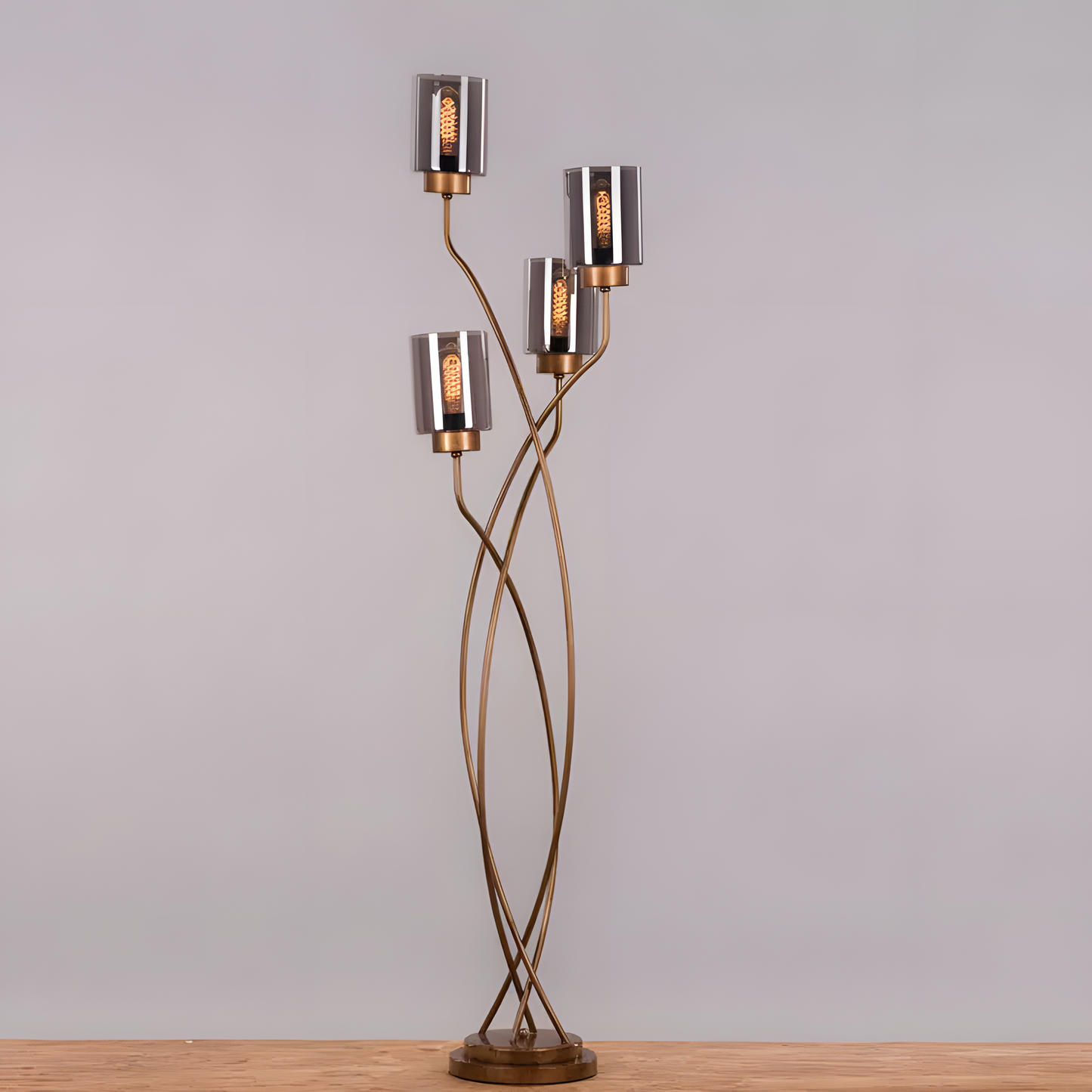 Gold finish floor lamp with smokey grey glass shades