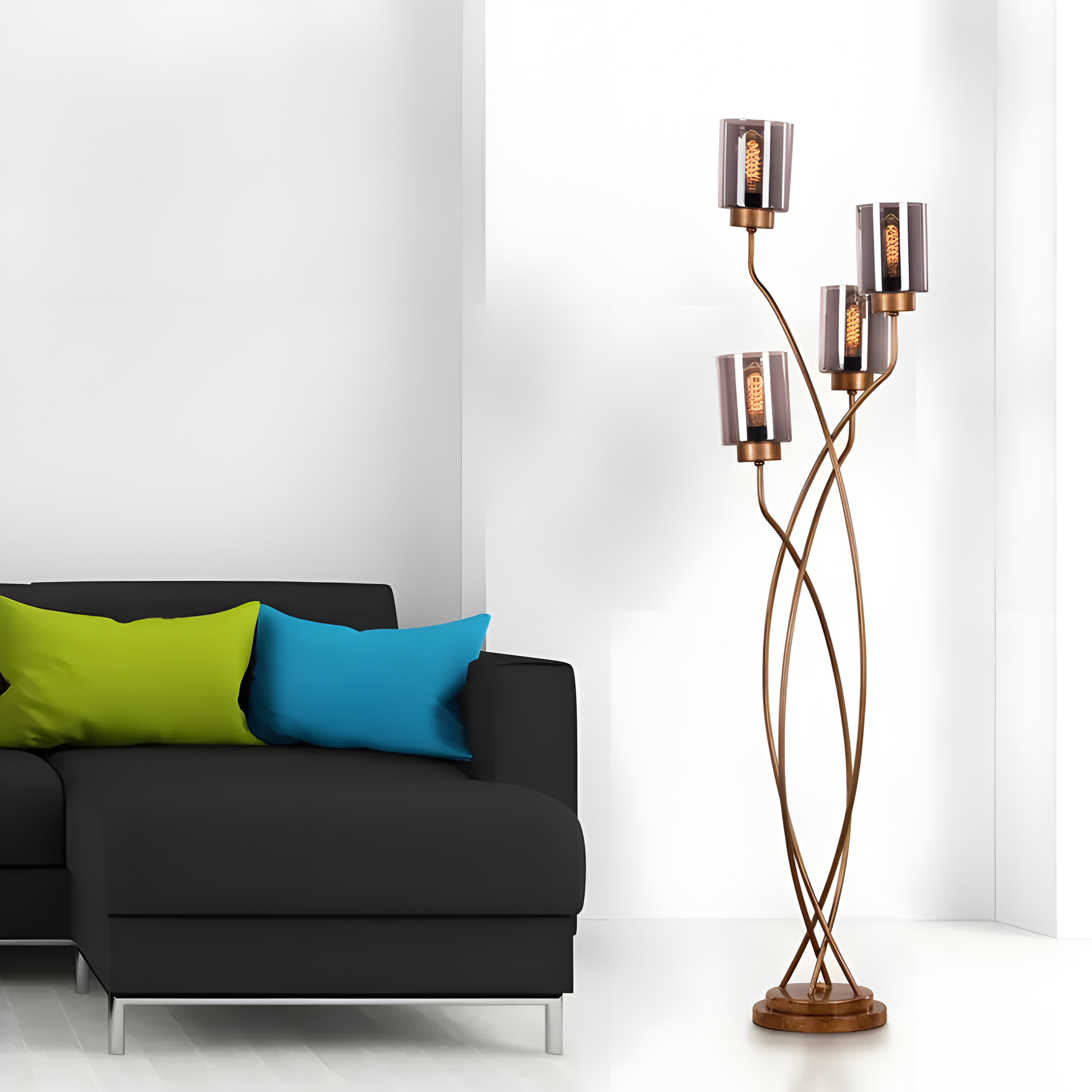 Contemporary living room ambiance created by a stylish floor lamp