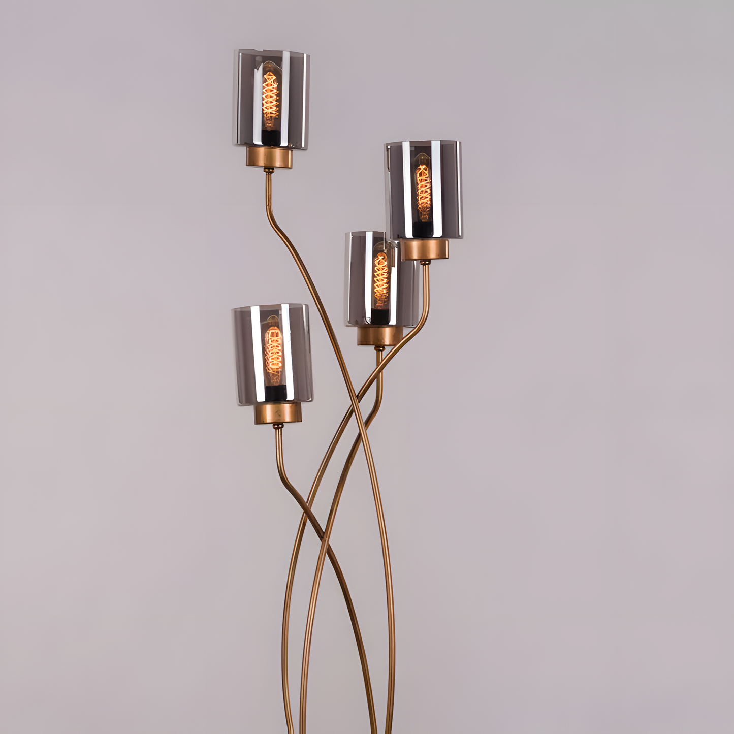 Designer floor lamp with twisted cluster of glass jars