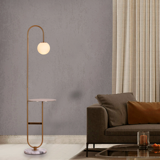 Curved neck floor lamp with matte gold metal frame