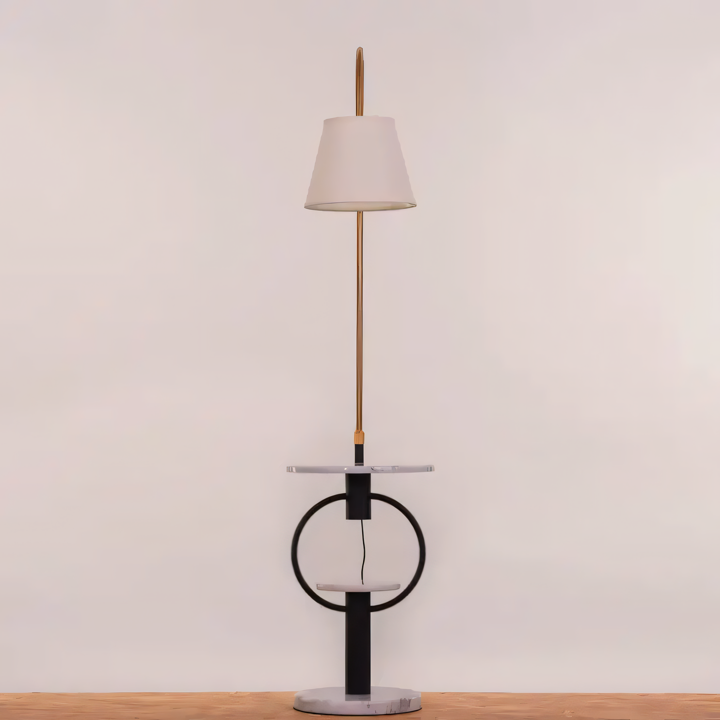 Luxurious floor lamp with marble platforms and off-white shade