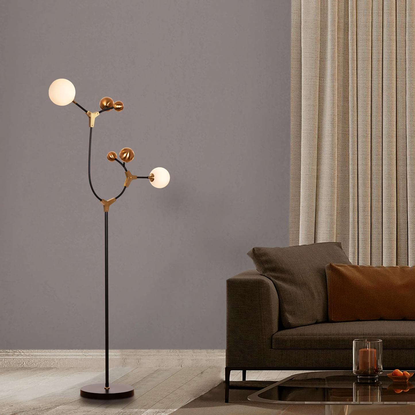 Owe & Awe Floor Lamp with a matte black metal body and frosted glass shades