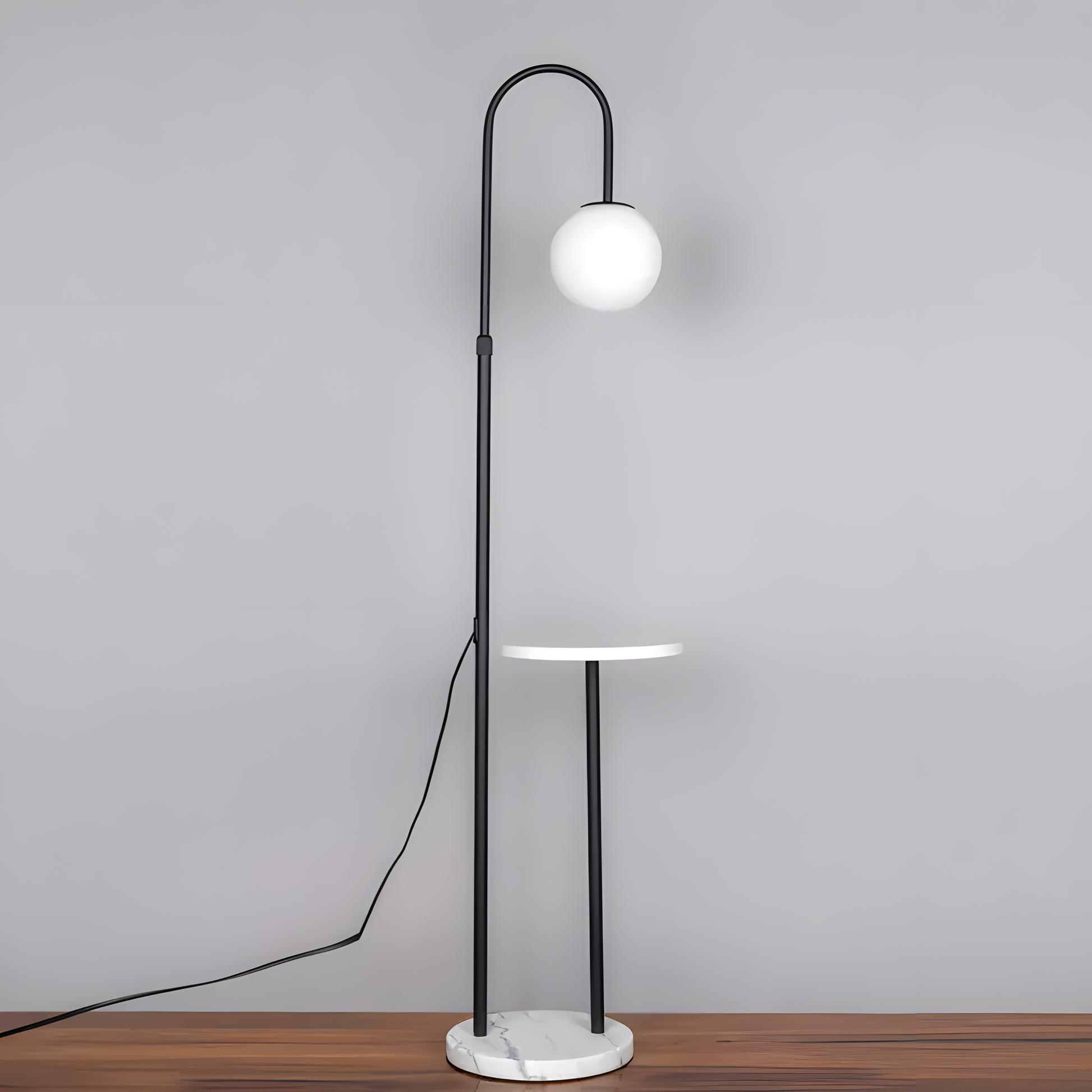 Curved neck and frost ball light design of the floor lamp