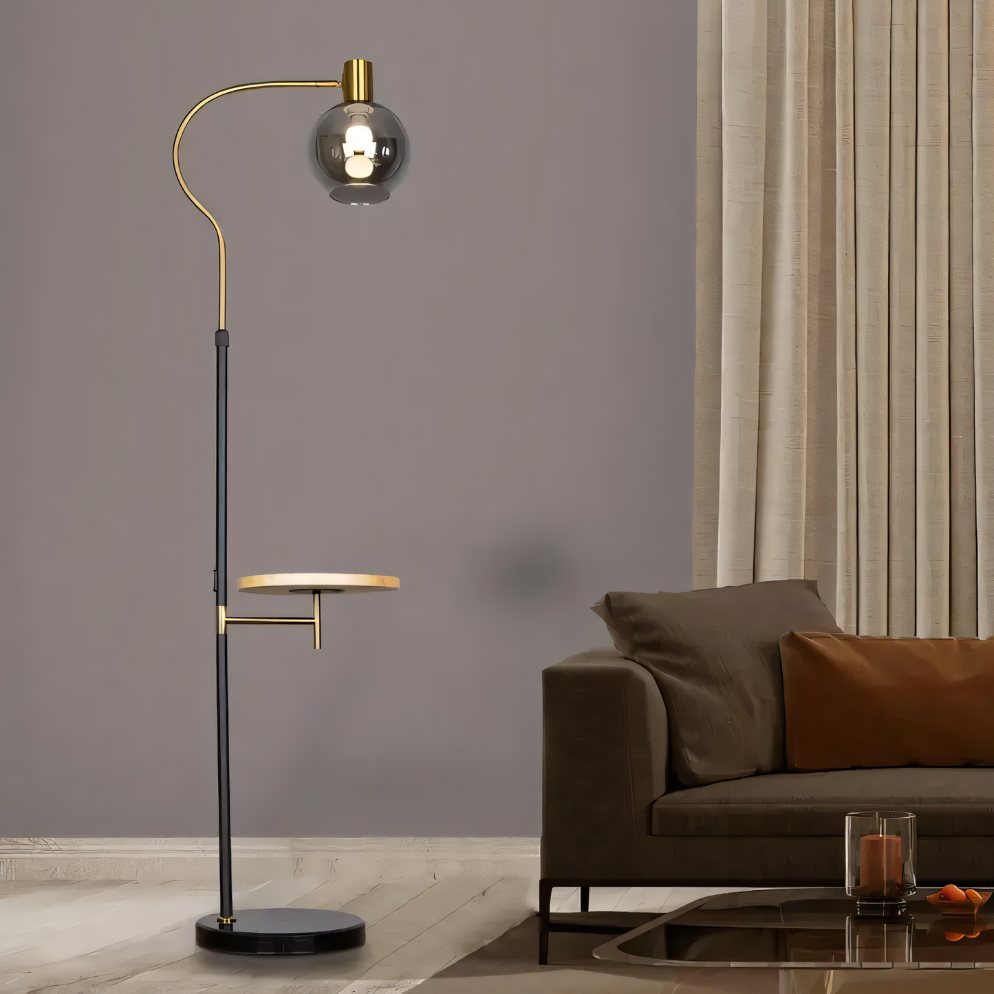 Jet Lag (Marble) Floor Lamp with black metal frame and wooden plate