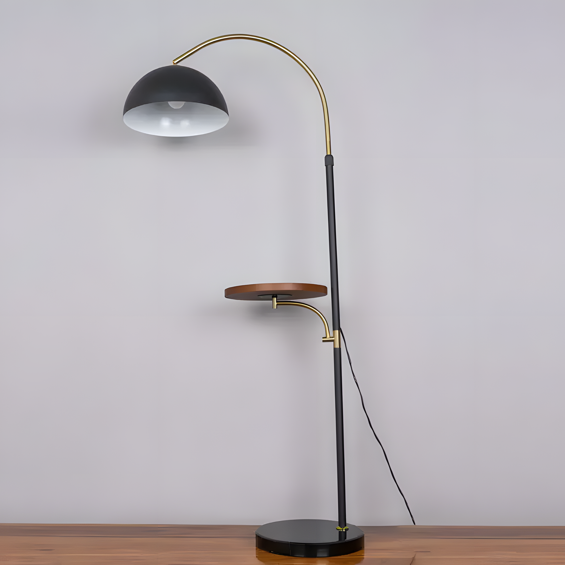 Wooden platform and black marble base of the Rising Tide (Marble) Floor Lamp