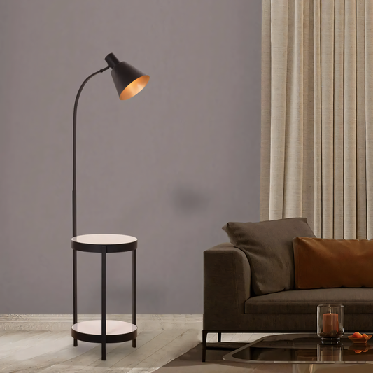 Sleek black metal floor lamp with white marble accents