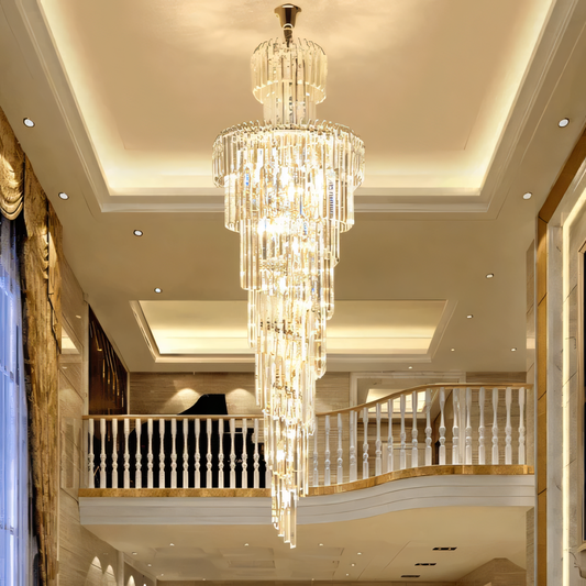 Exquisite long crystal chandelier hanging in a regal castle setting