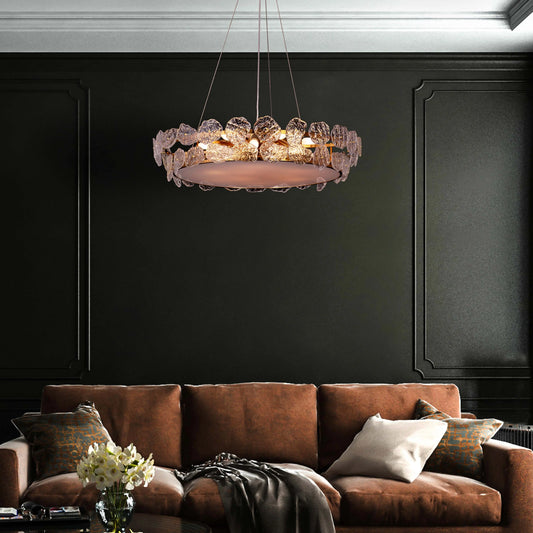 Run This Town large gold crystal chandelier illuminating a sleek urban loft