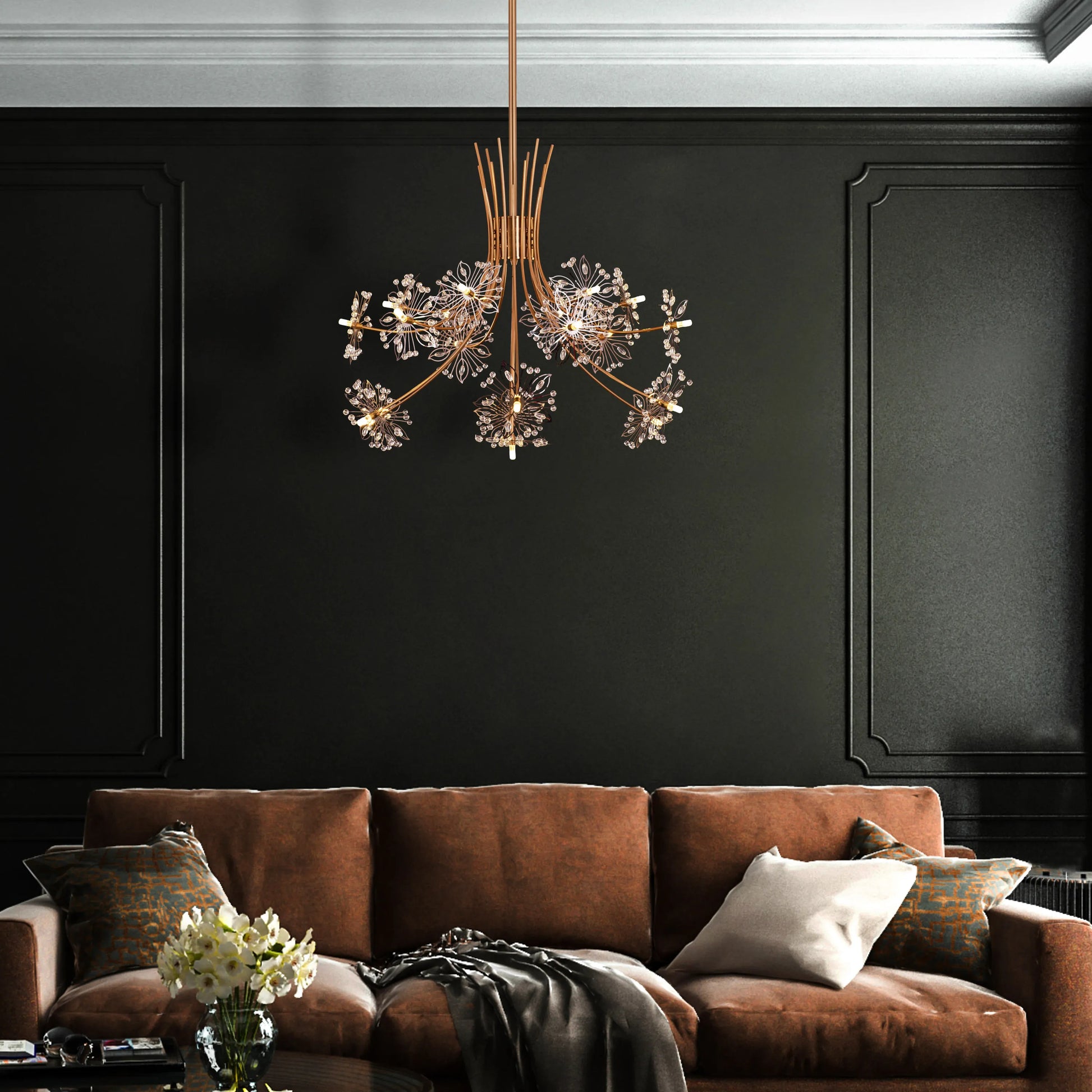 Elegant gold and crystal chandelier with cascading glass droplets