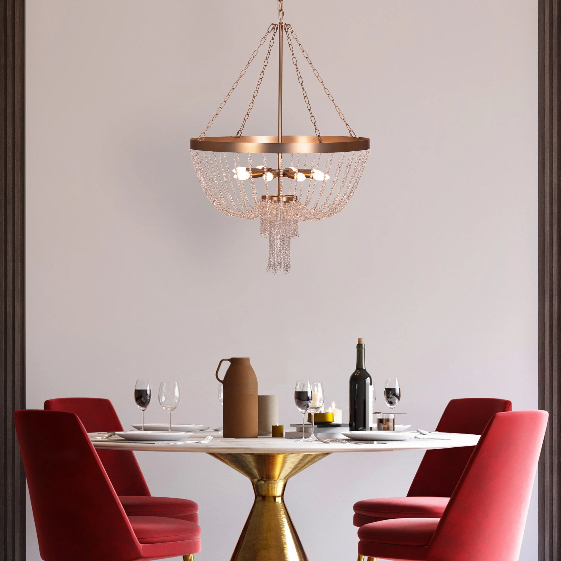 Elegant All That Glows Crystal Chandelier hanging in a modern dining room.